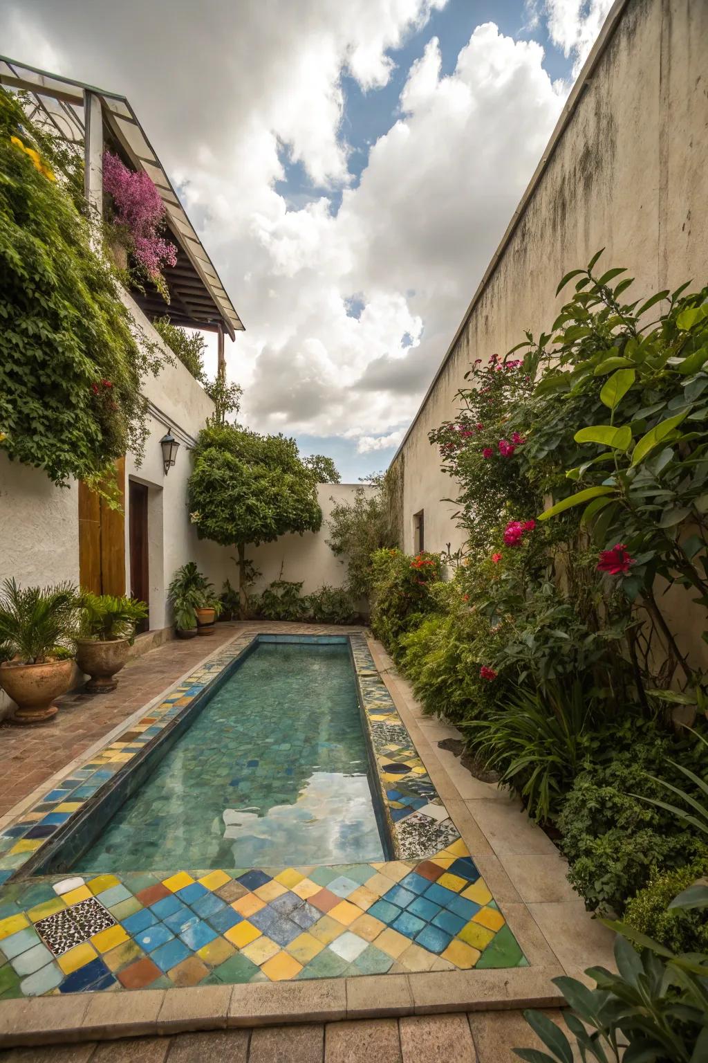 Mosaic tiles adding vibrant personality to a small pool.