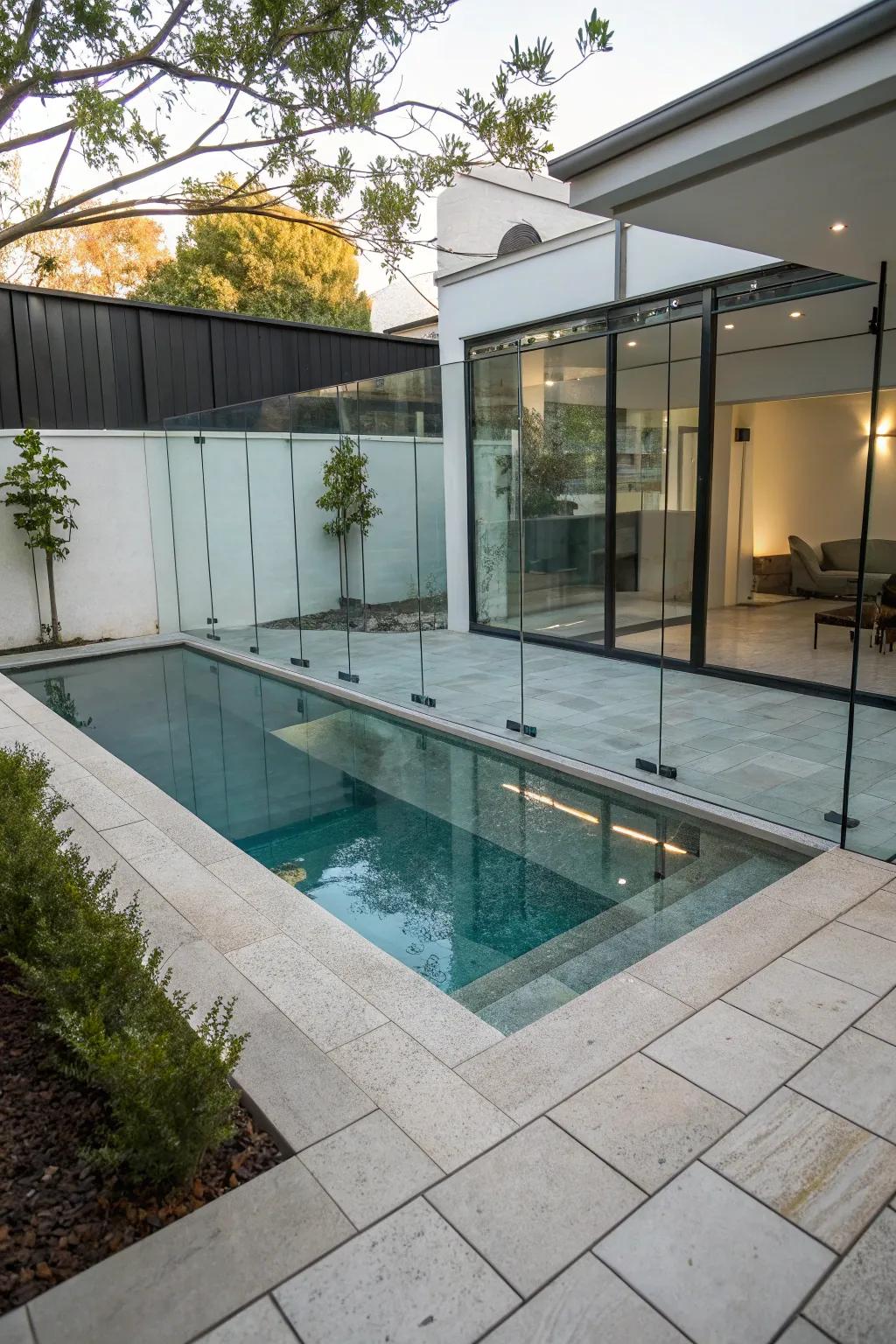 Glass elements providing a stylish, open feel around a pool.