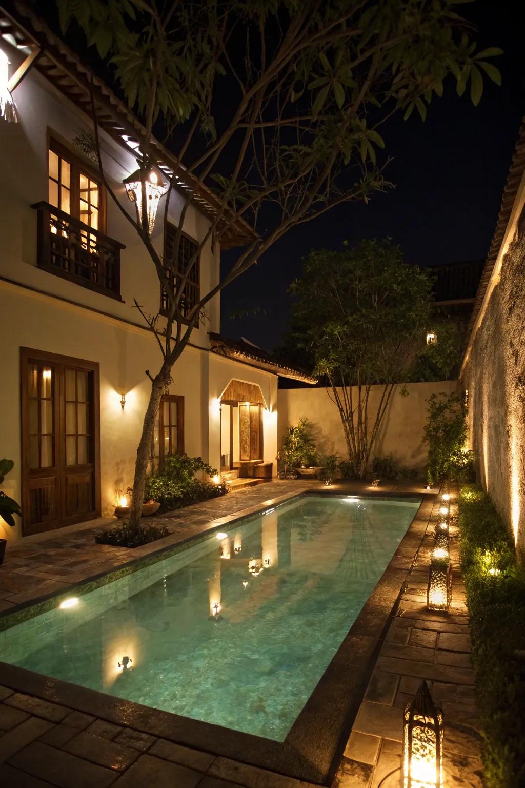 Ambient lighting setting the mood for a small courtyard pool.