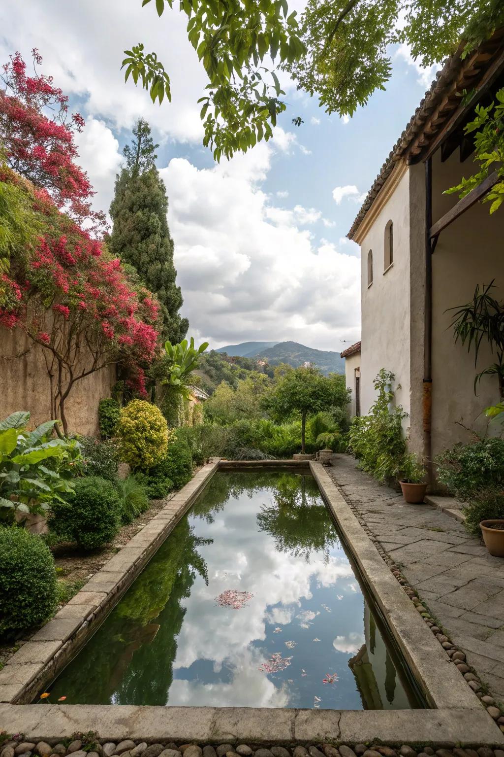 A reflective pool creating a serene atmosphere in a courtyard.