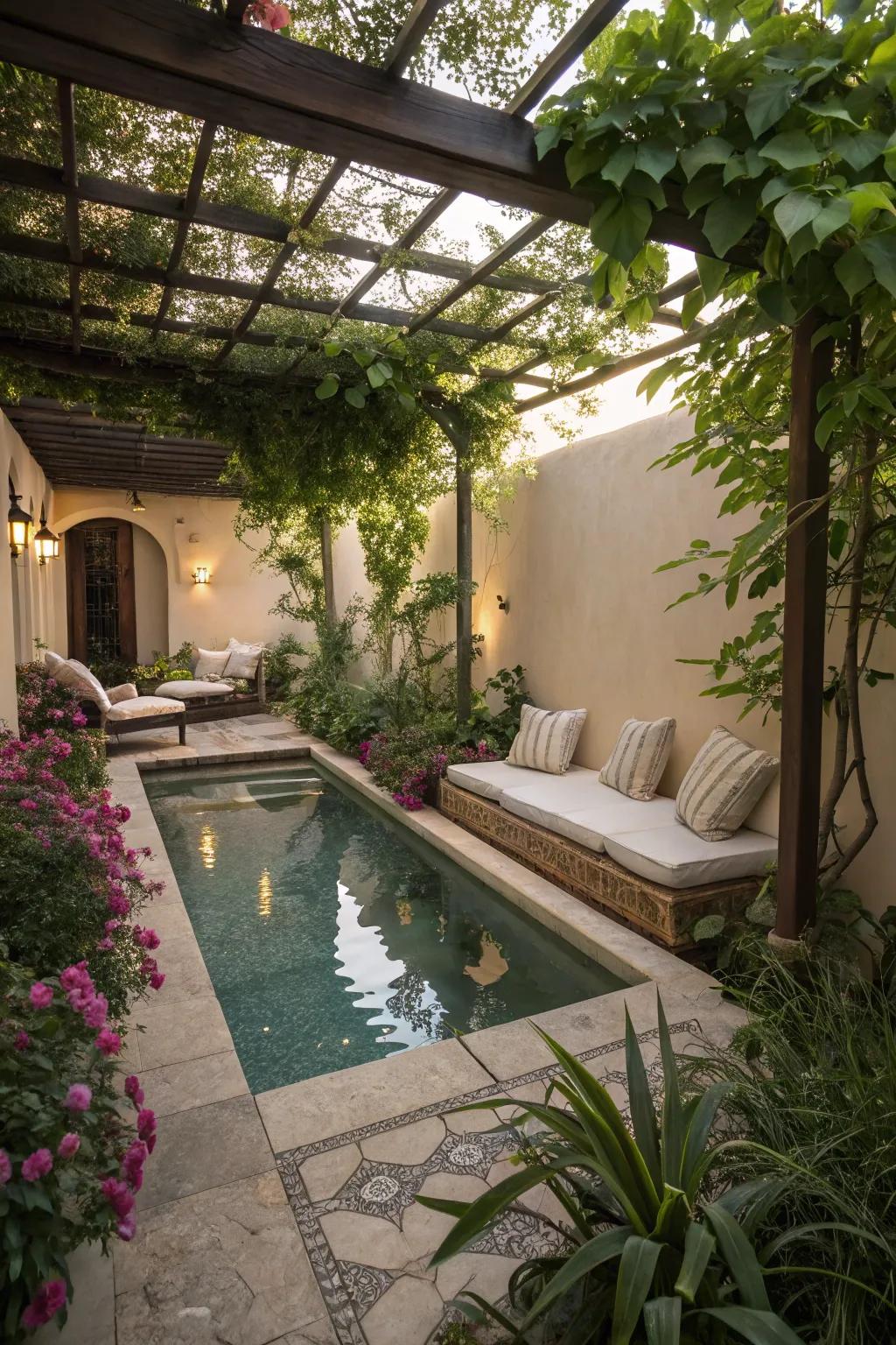 A secluded nook offering a private retreat beside a small pool.