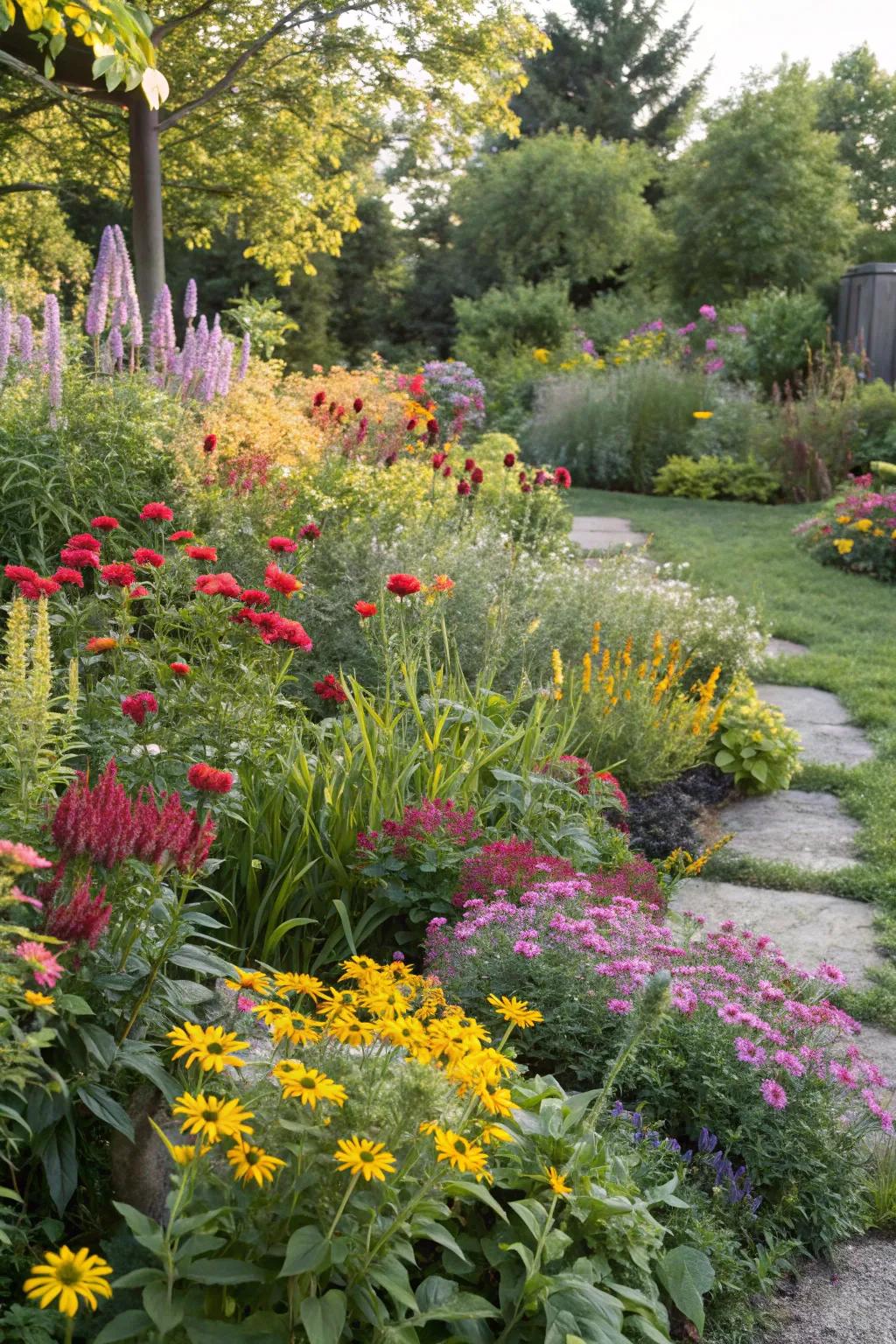 A colorful blend of flowers bringing life to a west-facing garden.
