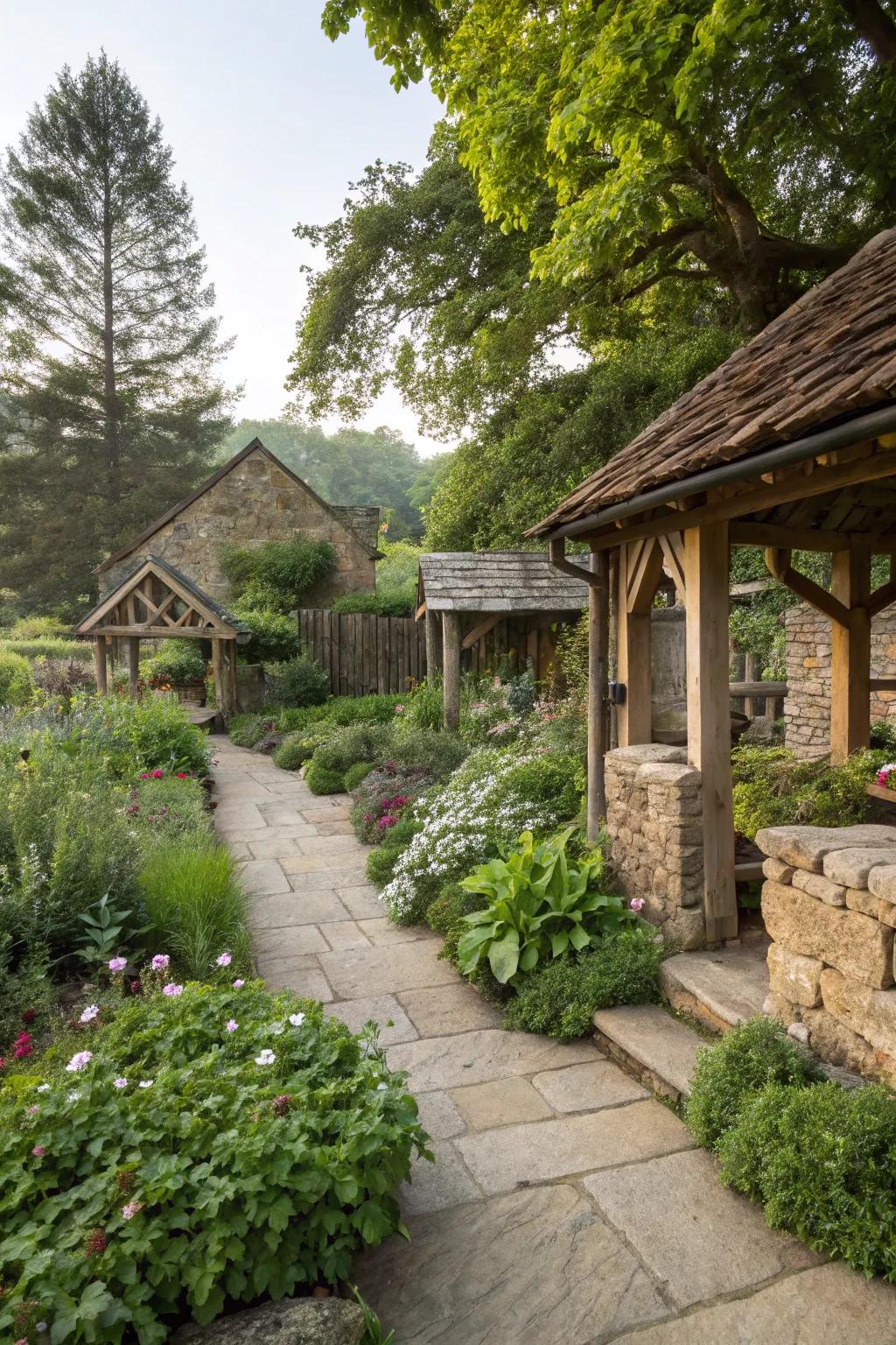 Rustic elements adding charm and texture to the garden.