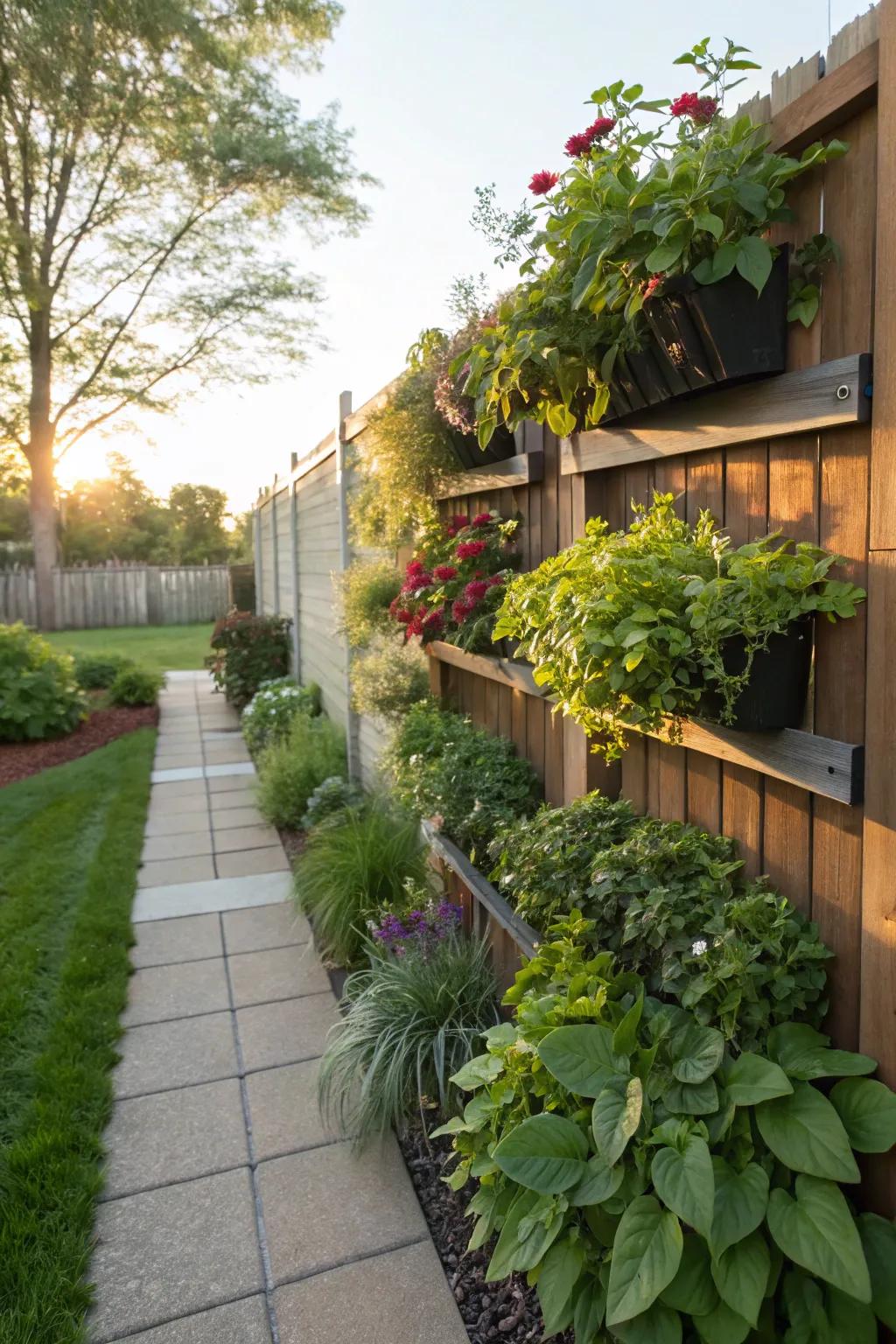 Vertical gardening adding layers and interest to a compact space.