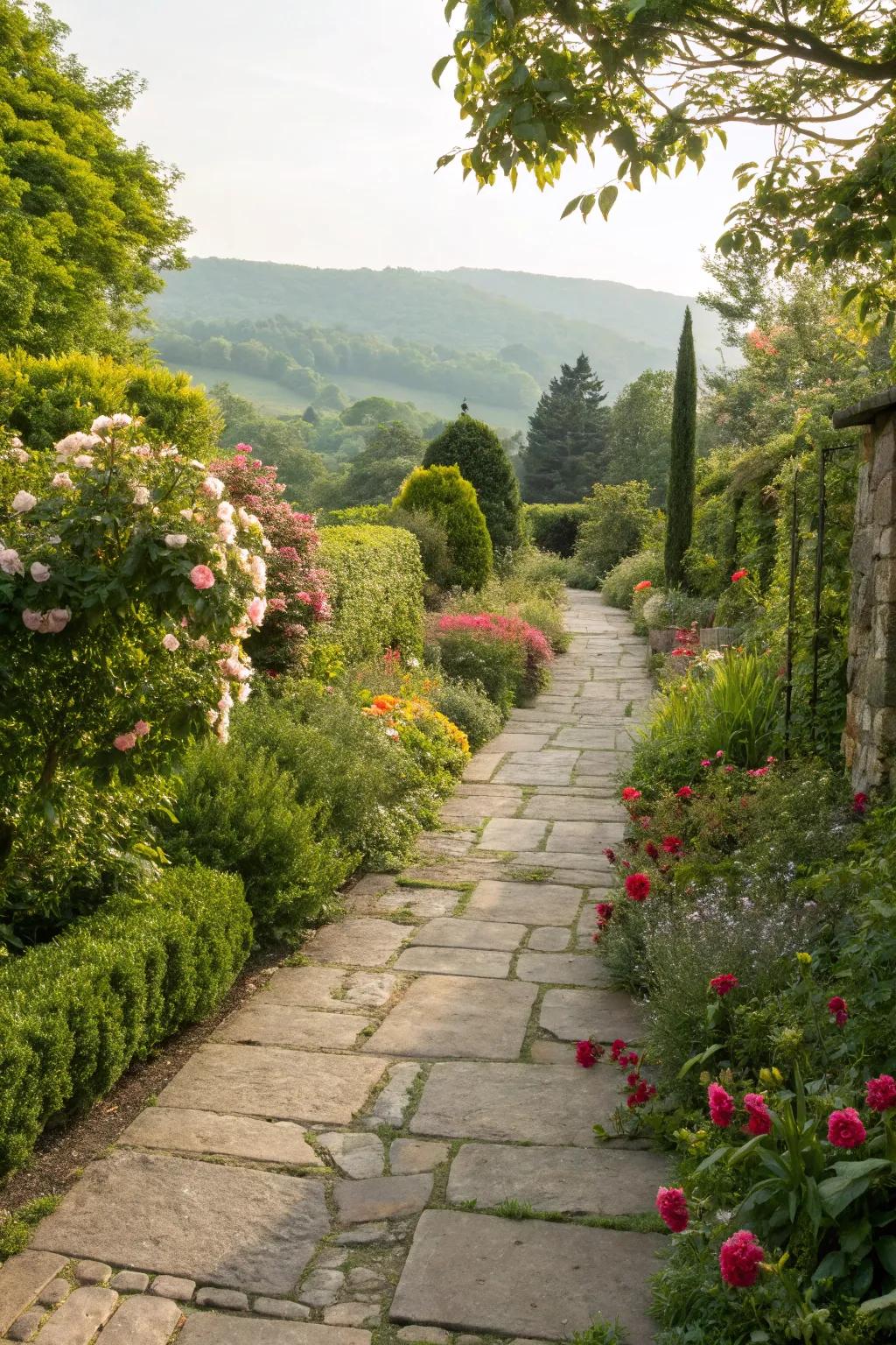 A stone pathway meandering through a serene west-facing garden.