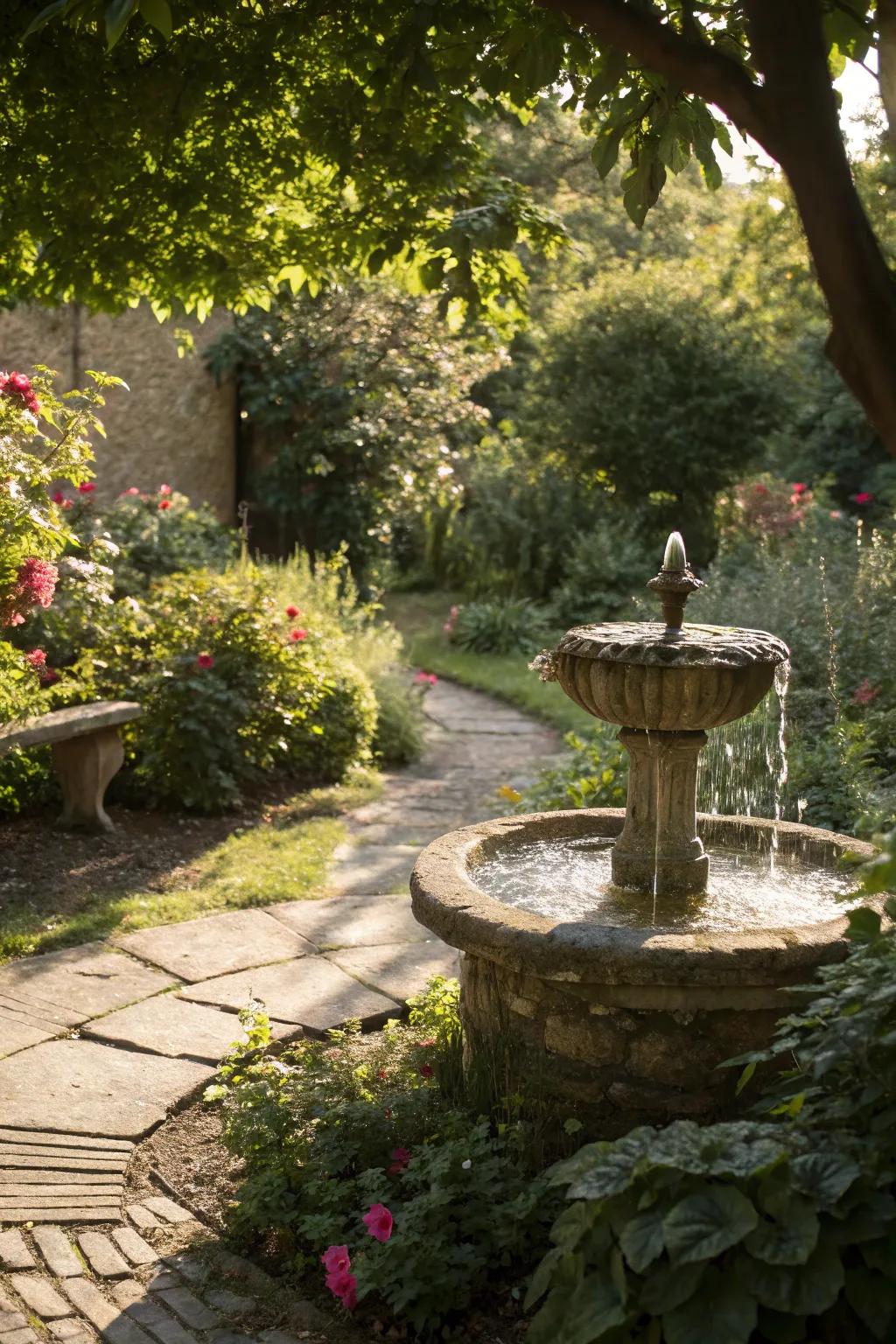 A tranquil water feature adding serenity to the garden.
