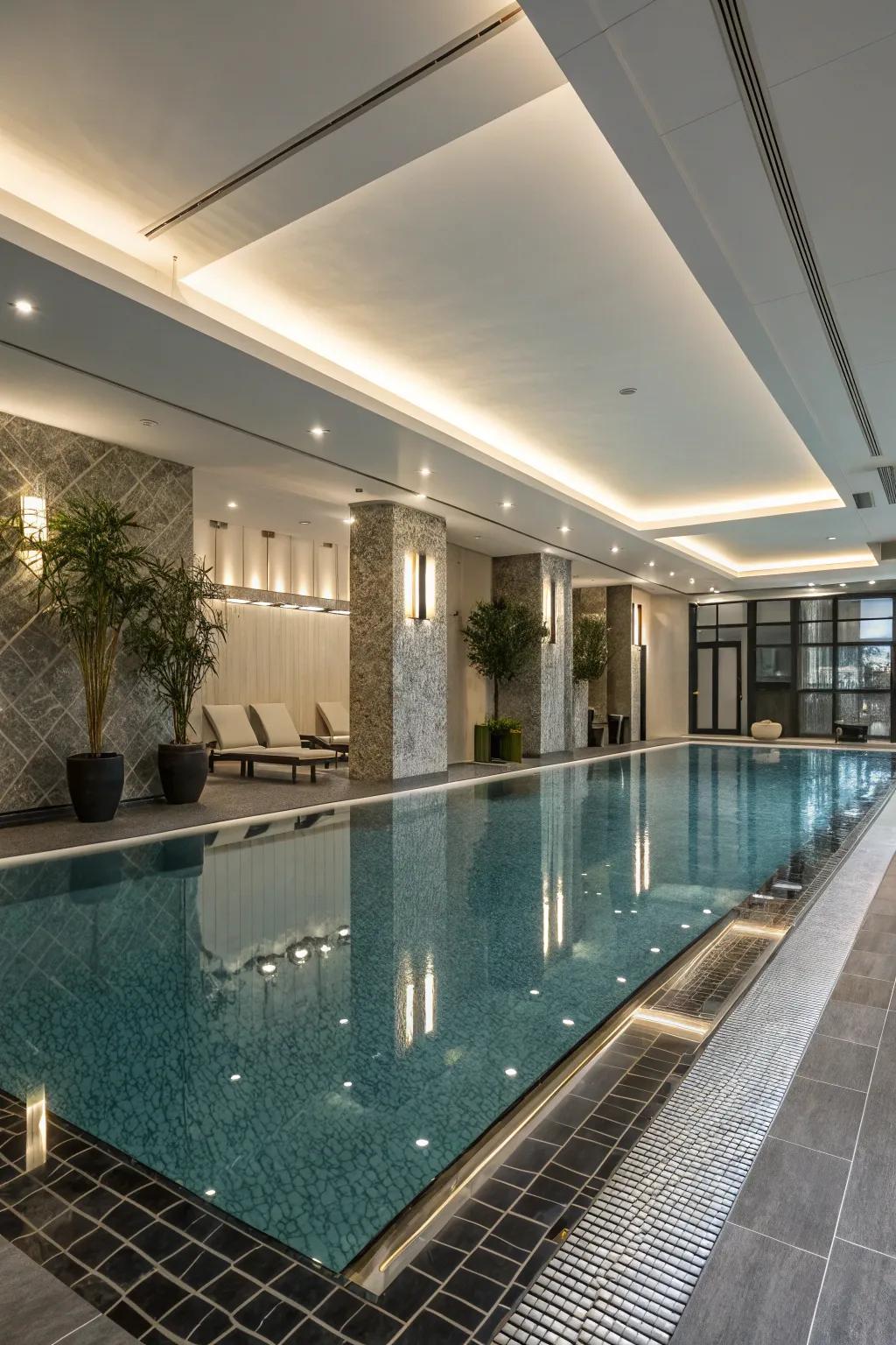 A modern indoor pool with sleek decor and materials.