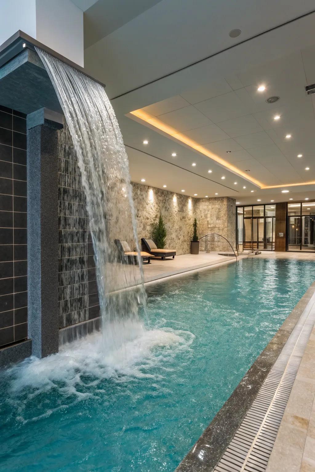 A soothing waterfall adds tranquility to the indoor pool.