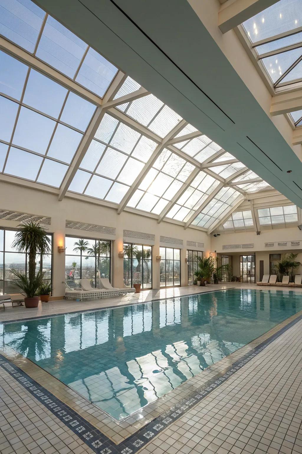 Indoor pool basking in natural light from large skylights.