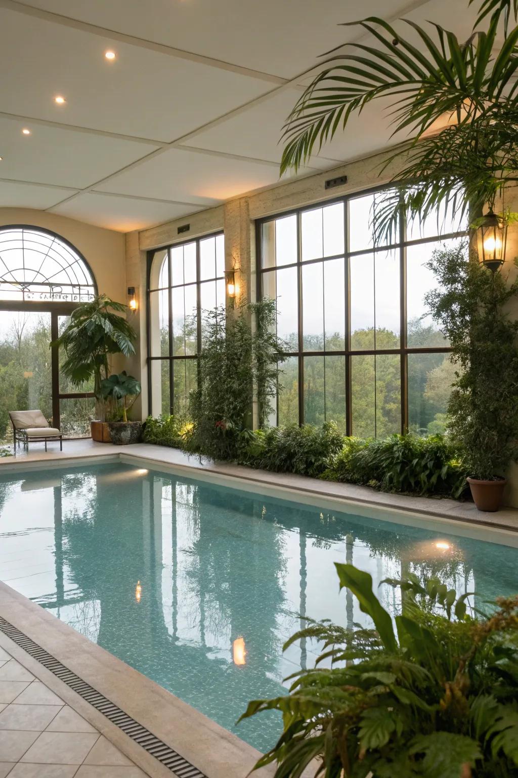 Indoor pool surrounded by lush greenery.