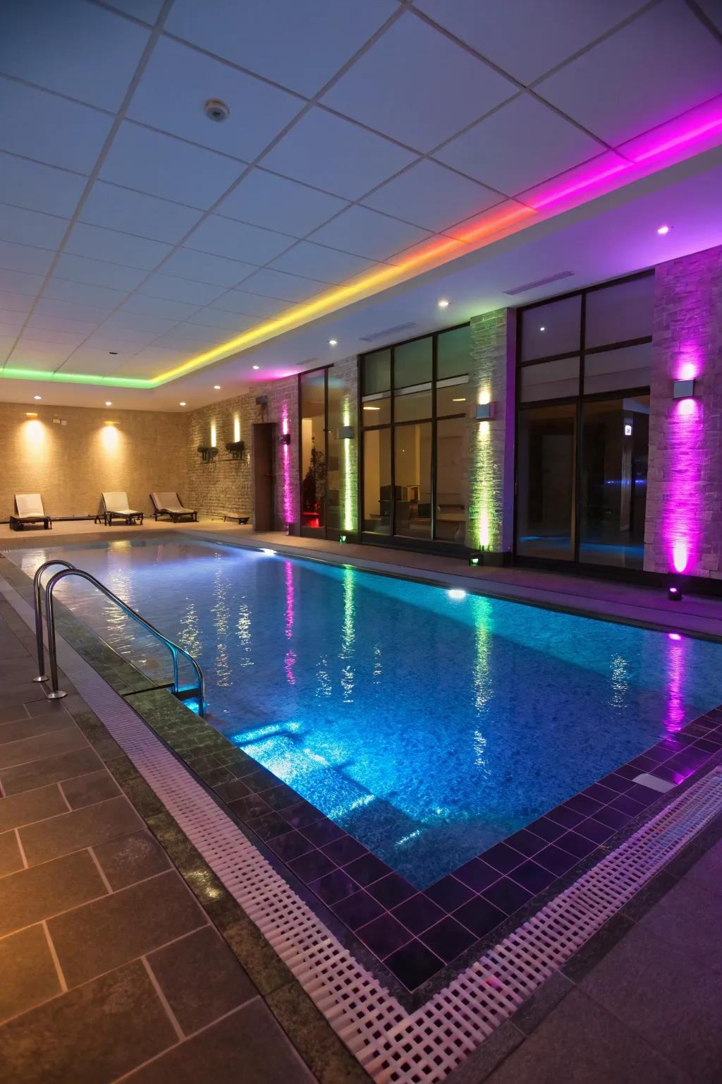 LED mood lighting creates a dynamic indoor pool atmosphere.