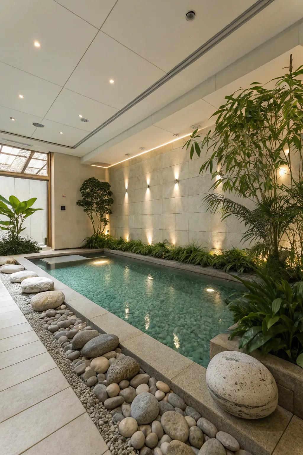 Zen-inspired design for a peaceful indoor pool retreat.