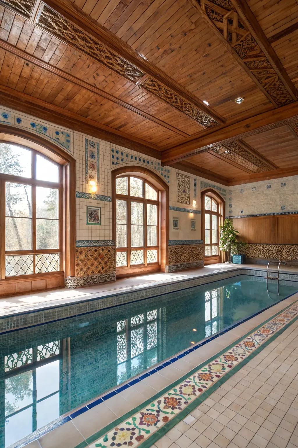 Classy decorative elements in an indoor pool.