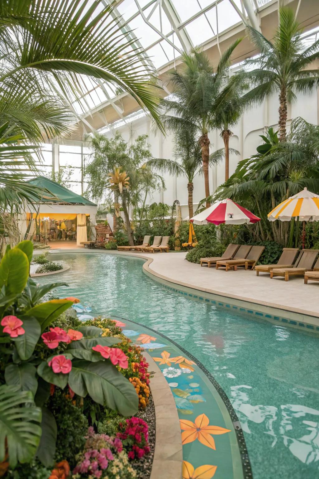 A tropical oasis theme for your indoor pool.