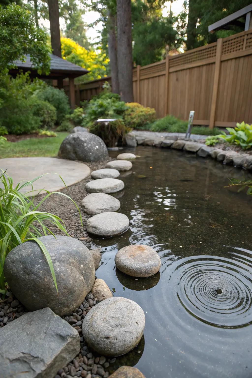 Zen stone arrangements by a serene backyard pond.