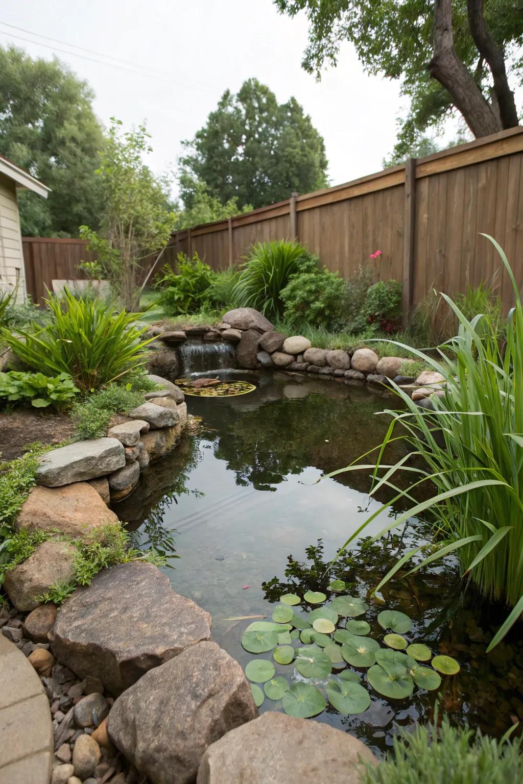 A backyard pond designed for rainwater collection.