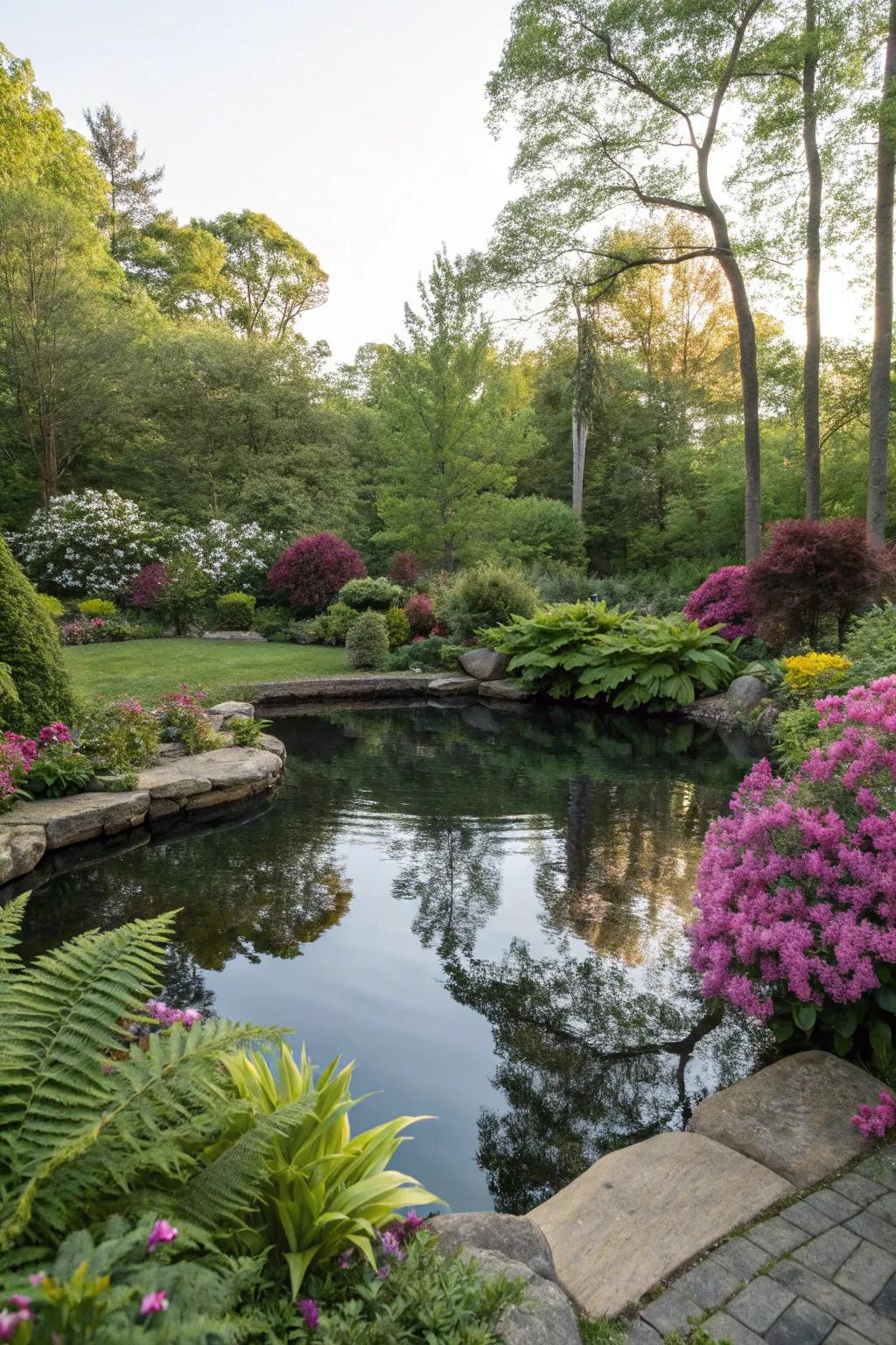A backyard pond enveloped in lush greenery and flowers.