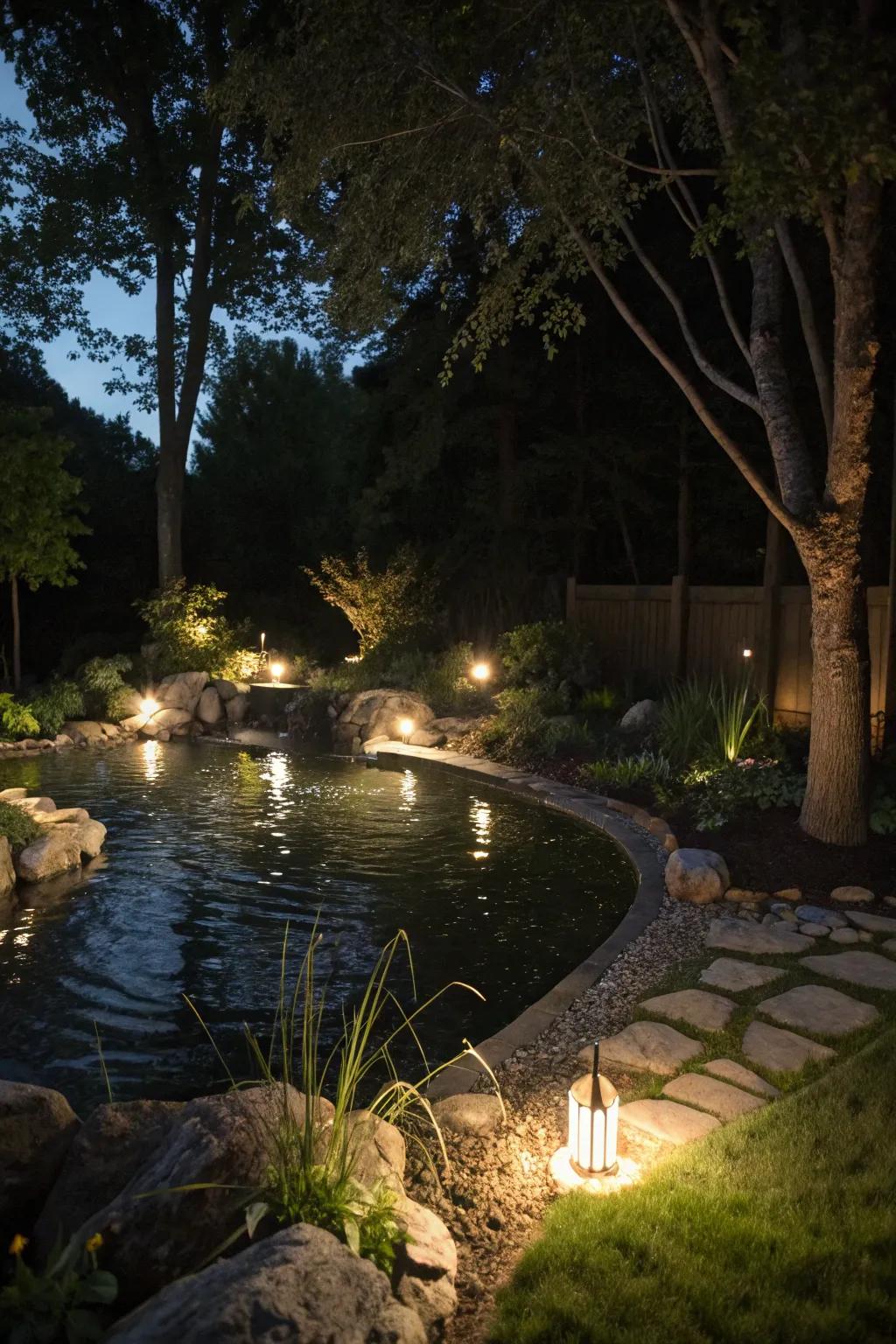 A backyard pond beautifully illuminated by underwater lights.