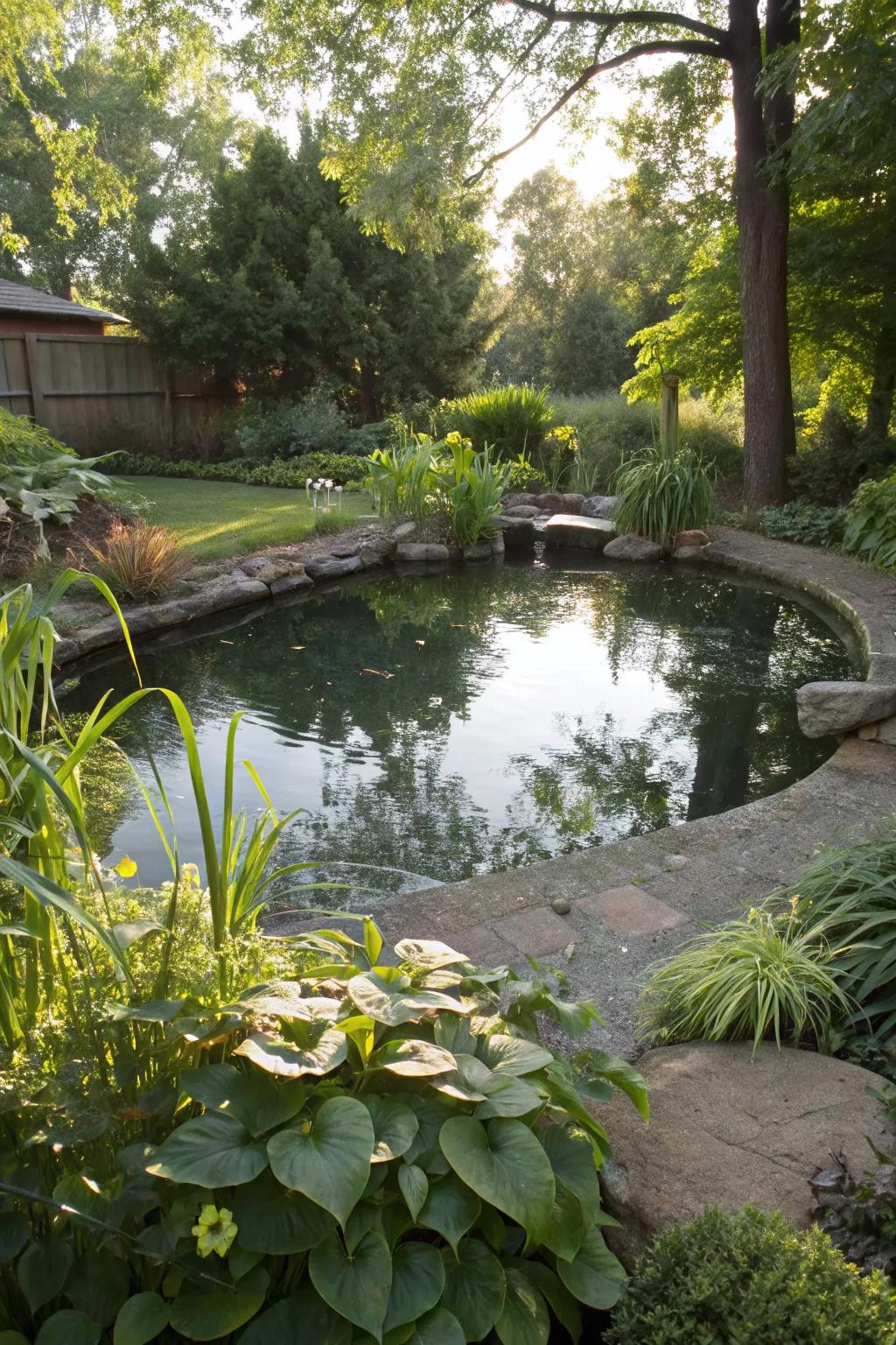 A backyard pond with lush edge planting.