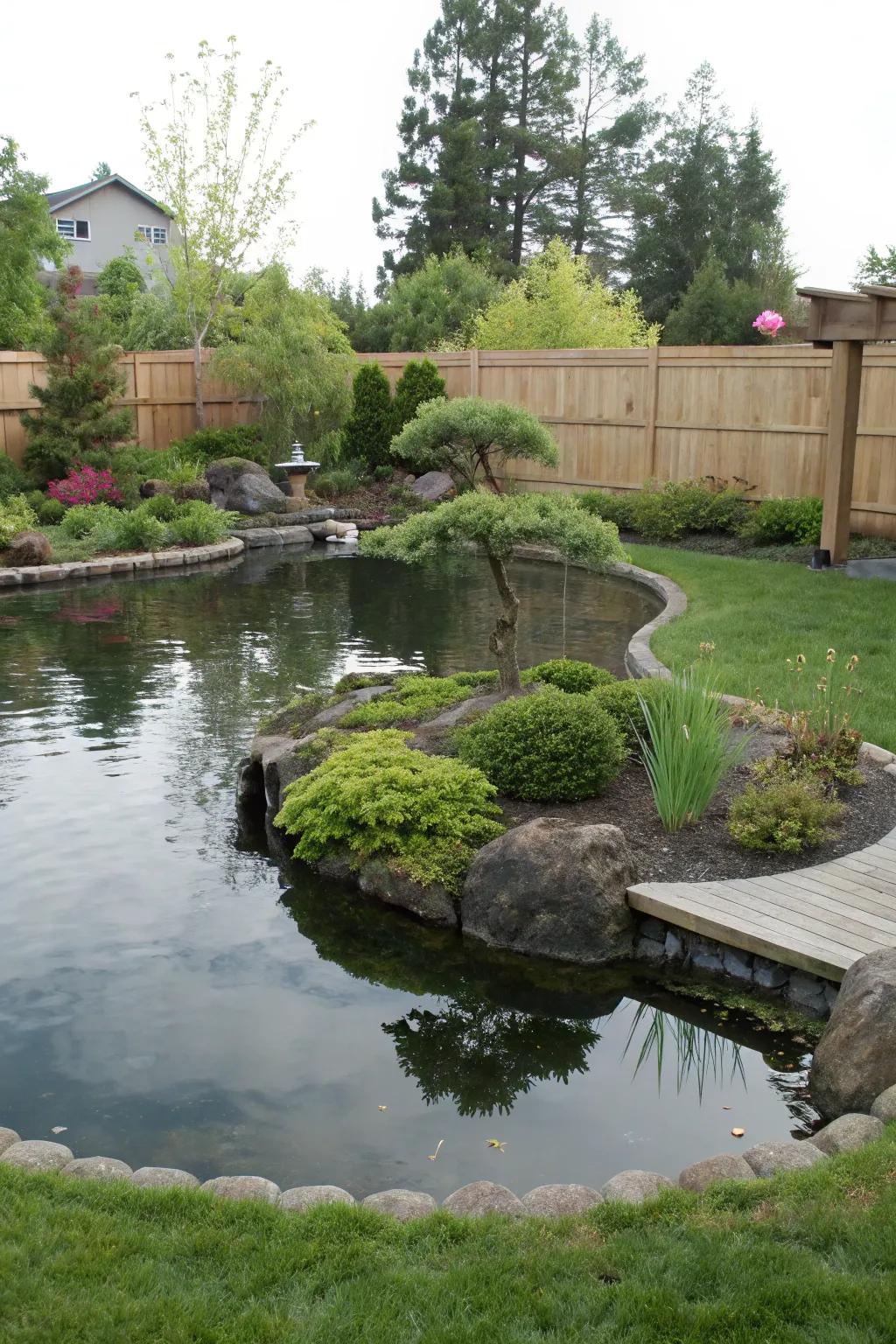 A backyard pond featuring a charming mini island.