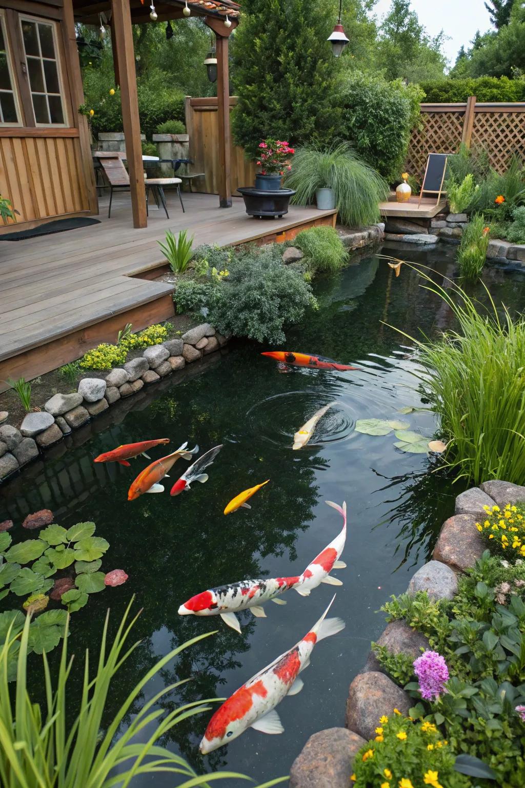 A backyard pond with colorful koi fish.