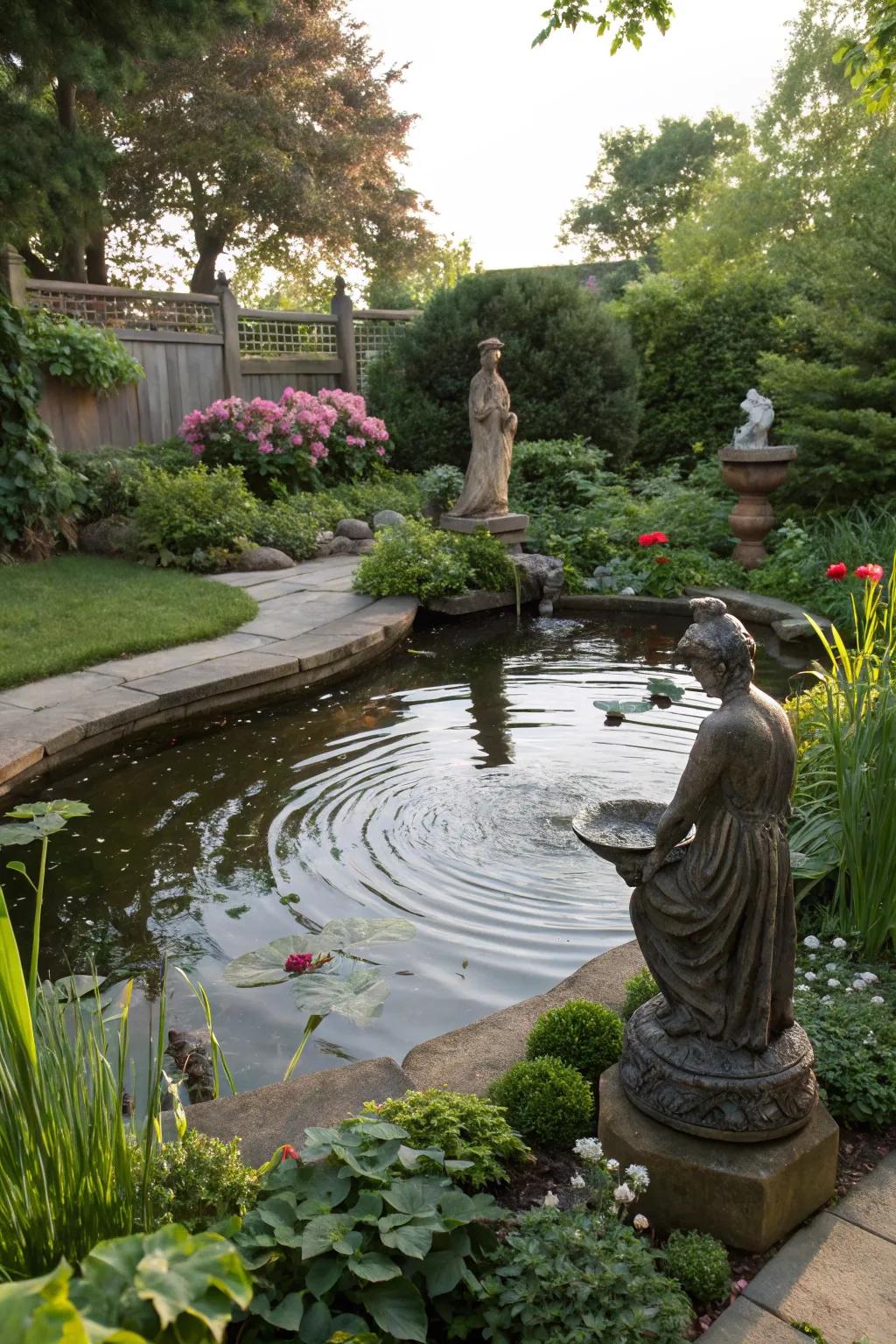 Artistic sculptures complementing a backyard pond.