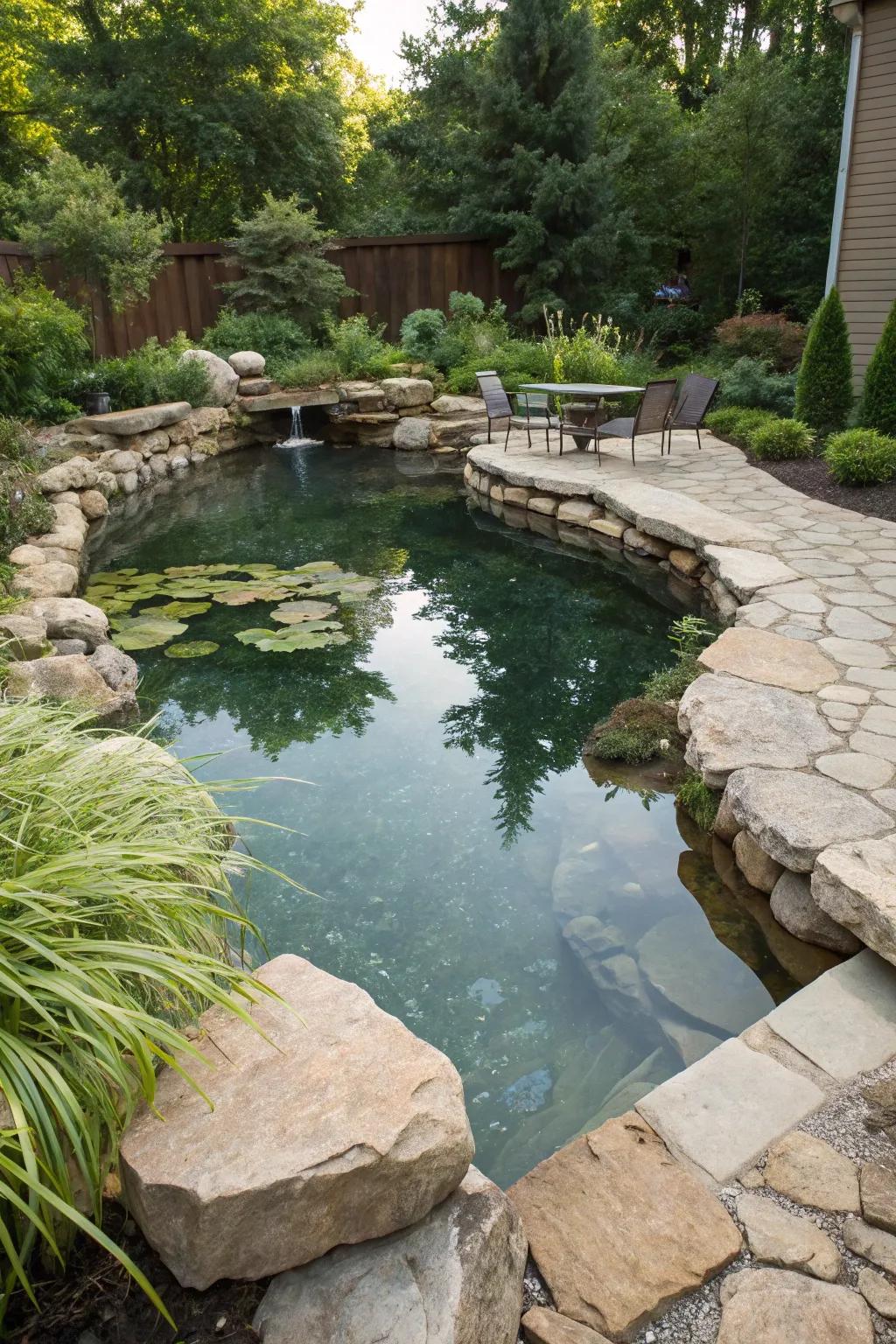 A backyard pond with rustic natural stone borders.