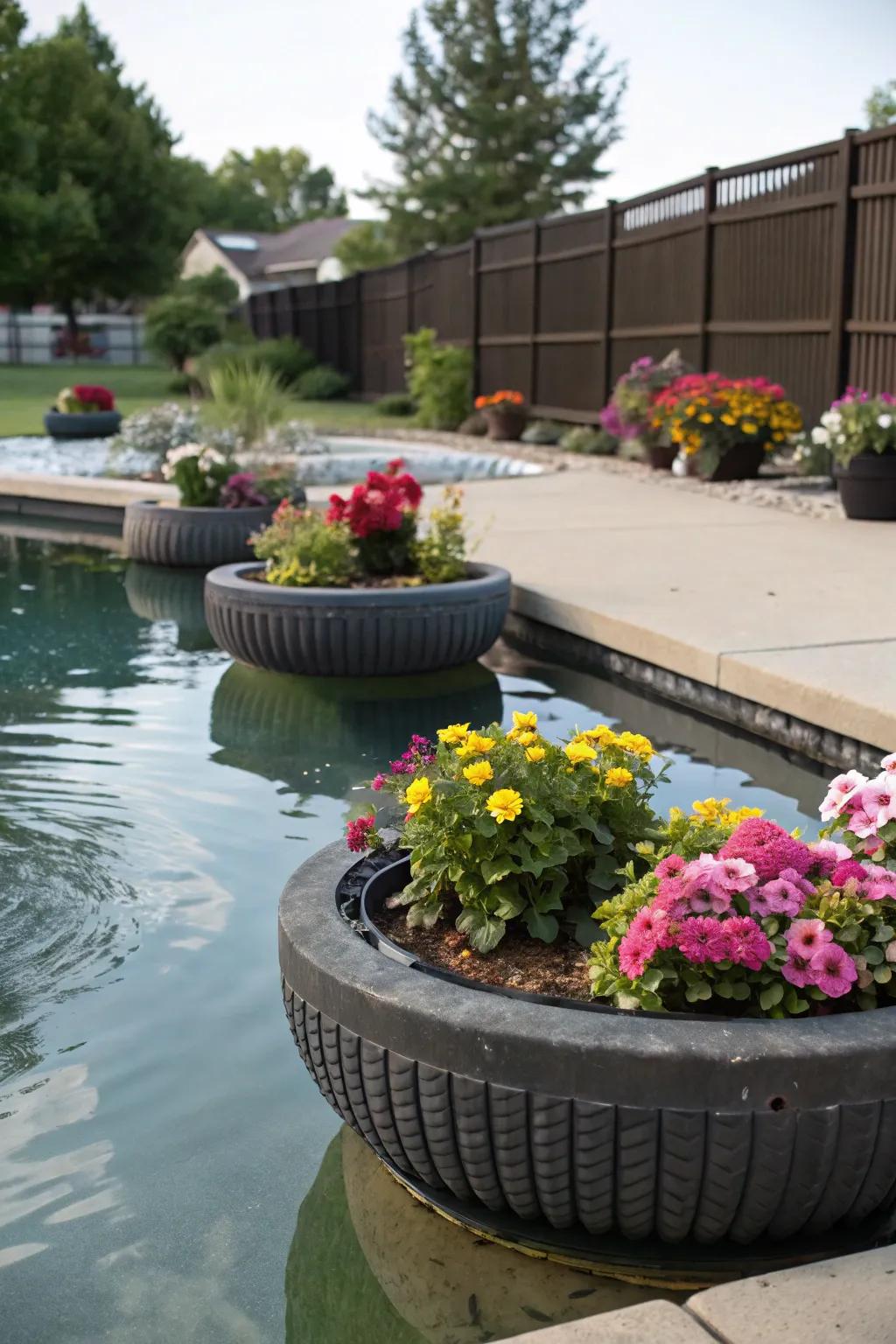 Floating planters with vibrant flowers on a backyard pond.