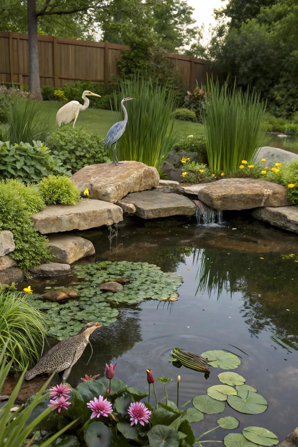 A backyard pond serving as a haven for local wildlife.