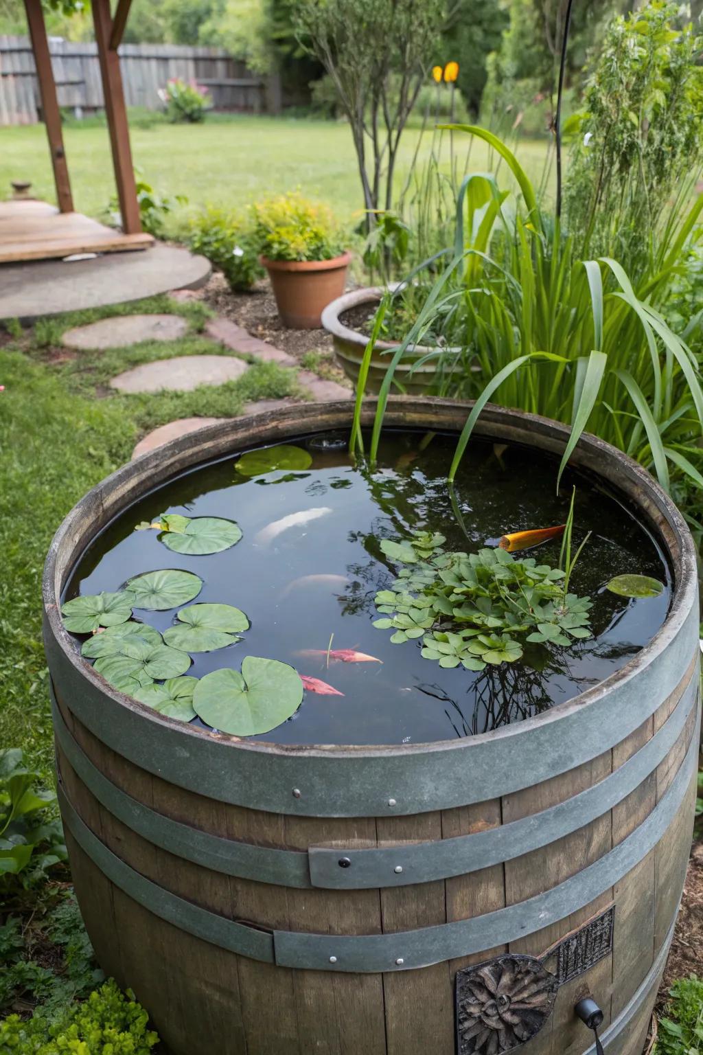 A small pond crafted from a recycled barrel.