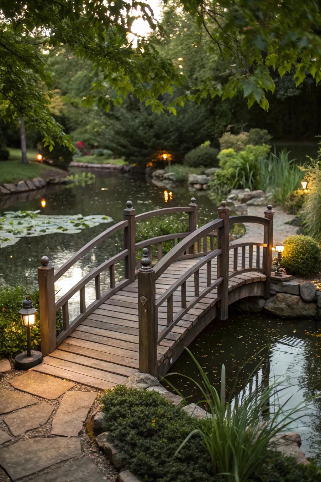 A charming decorative bridge over a backyard pond.