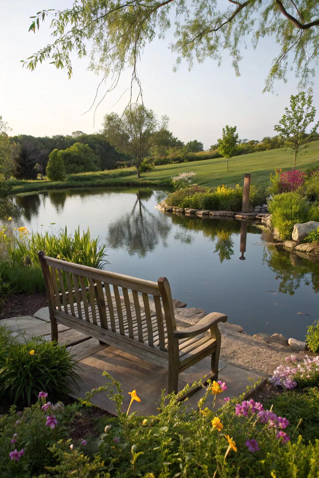 A wooden bench by a tranquil backyard pond.