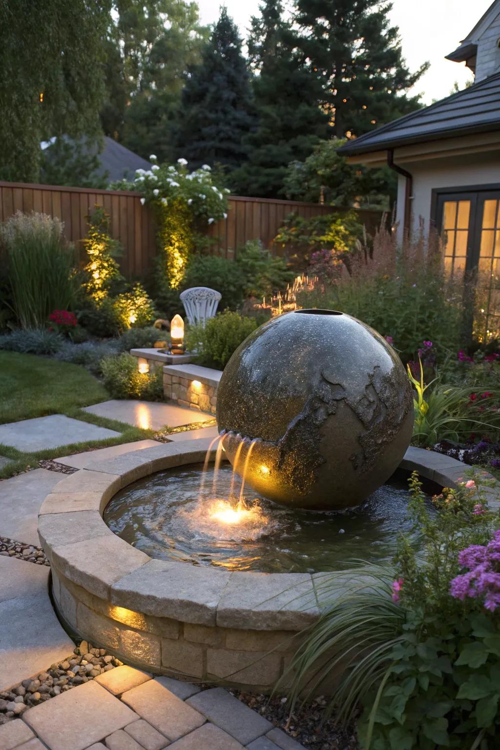 An artistic globe water feature adds a dramatic flair to your garden.