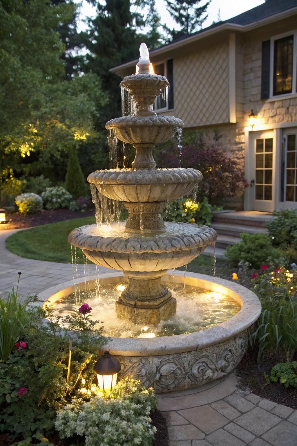 A timeless multi-tiered stone fountain adds elegance to any landscape.