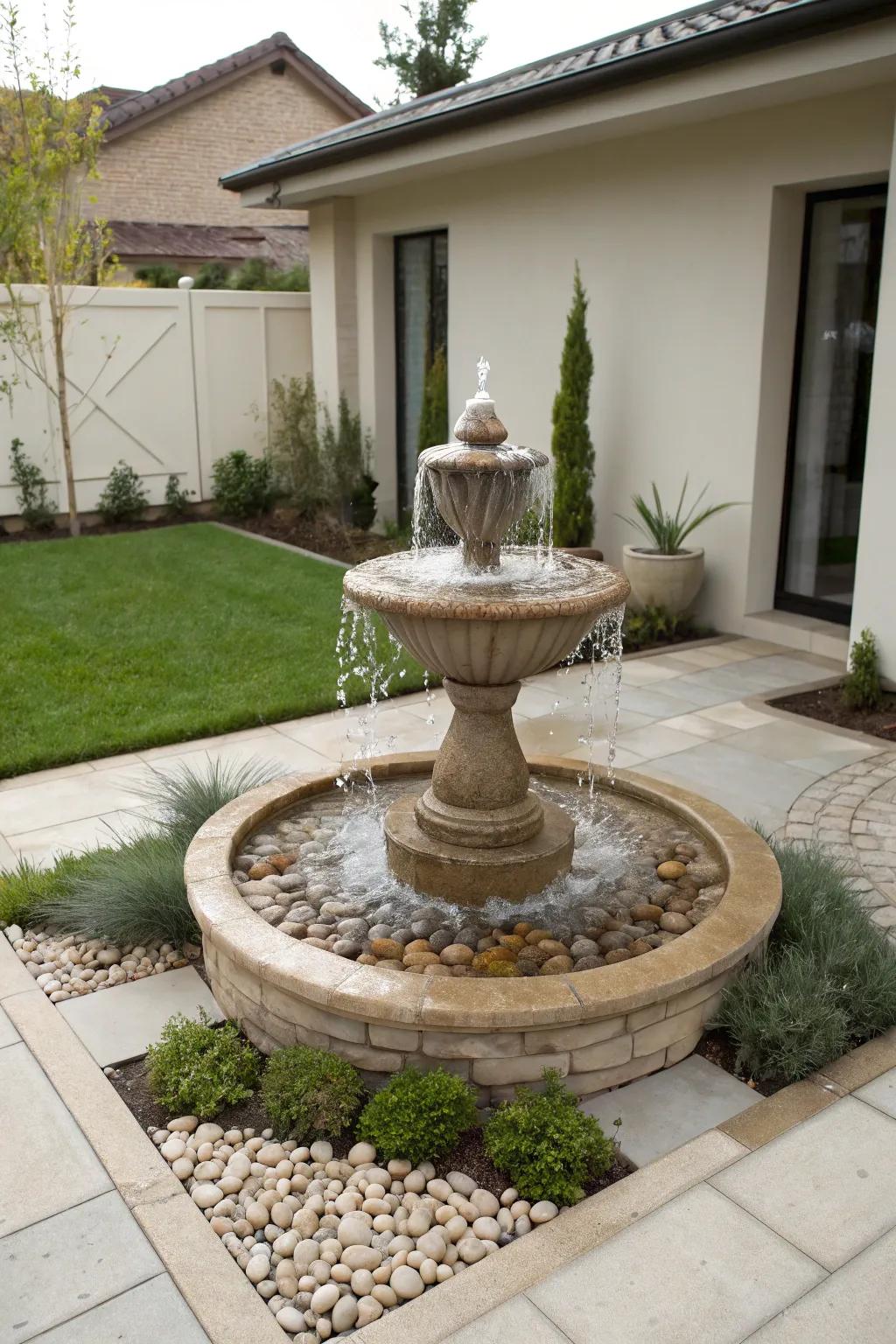 A disappearing fountain creates a seamless water feature with no visible basin.