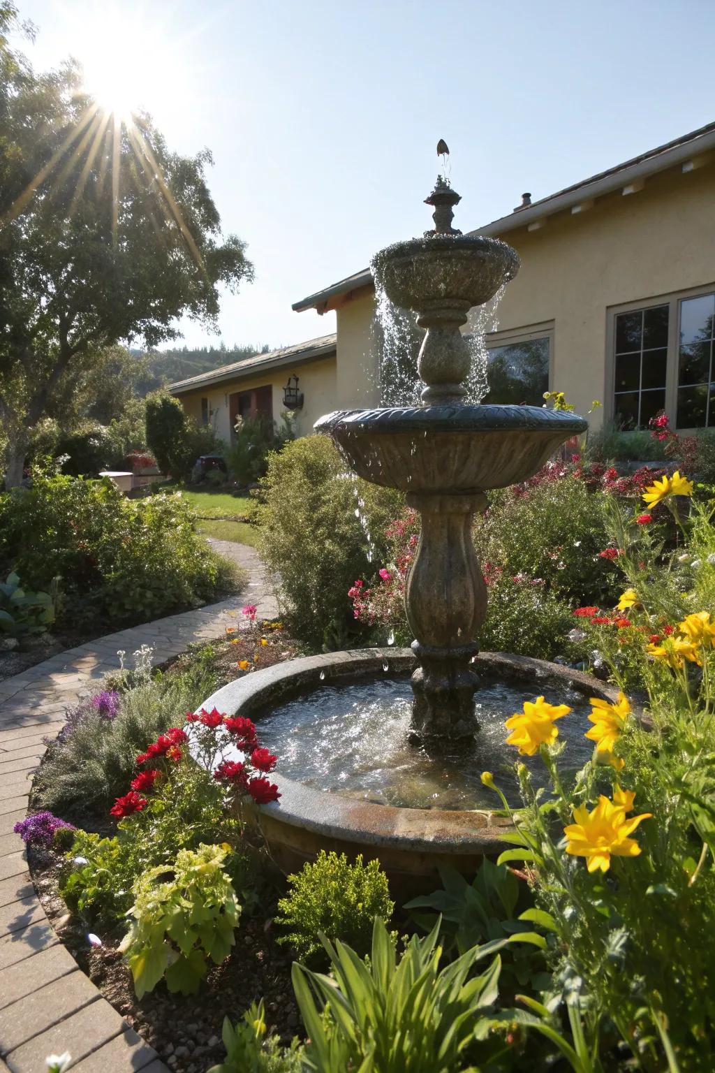A solar-powered fountain offers an eco-friendly garden solution.