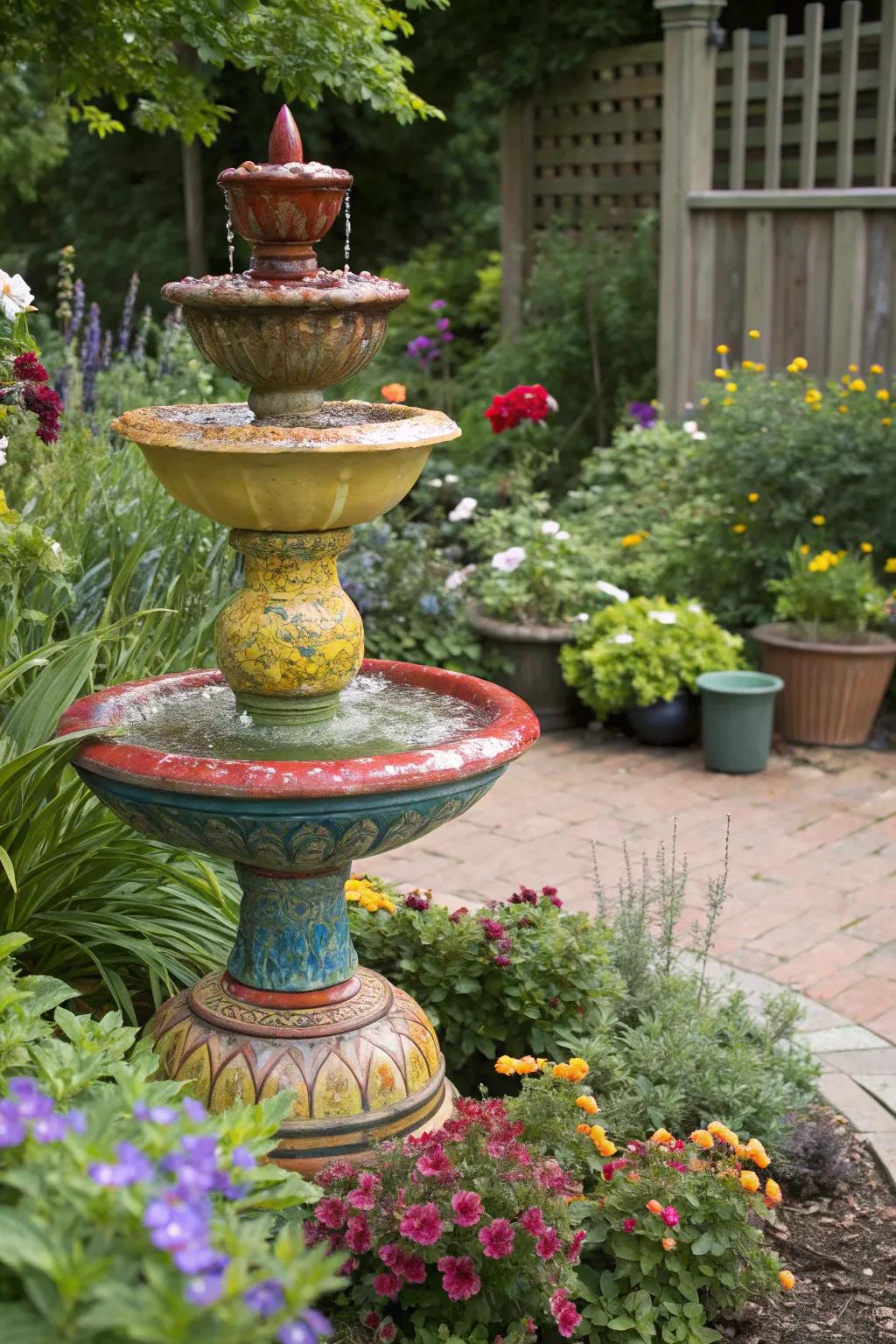 Tiered ceramic fountains add a splash of color and charm.
