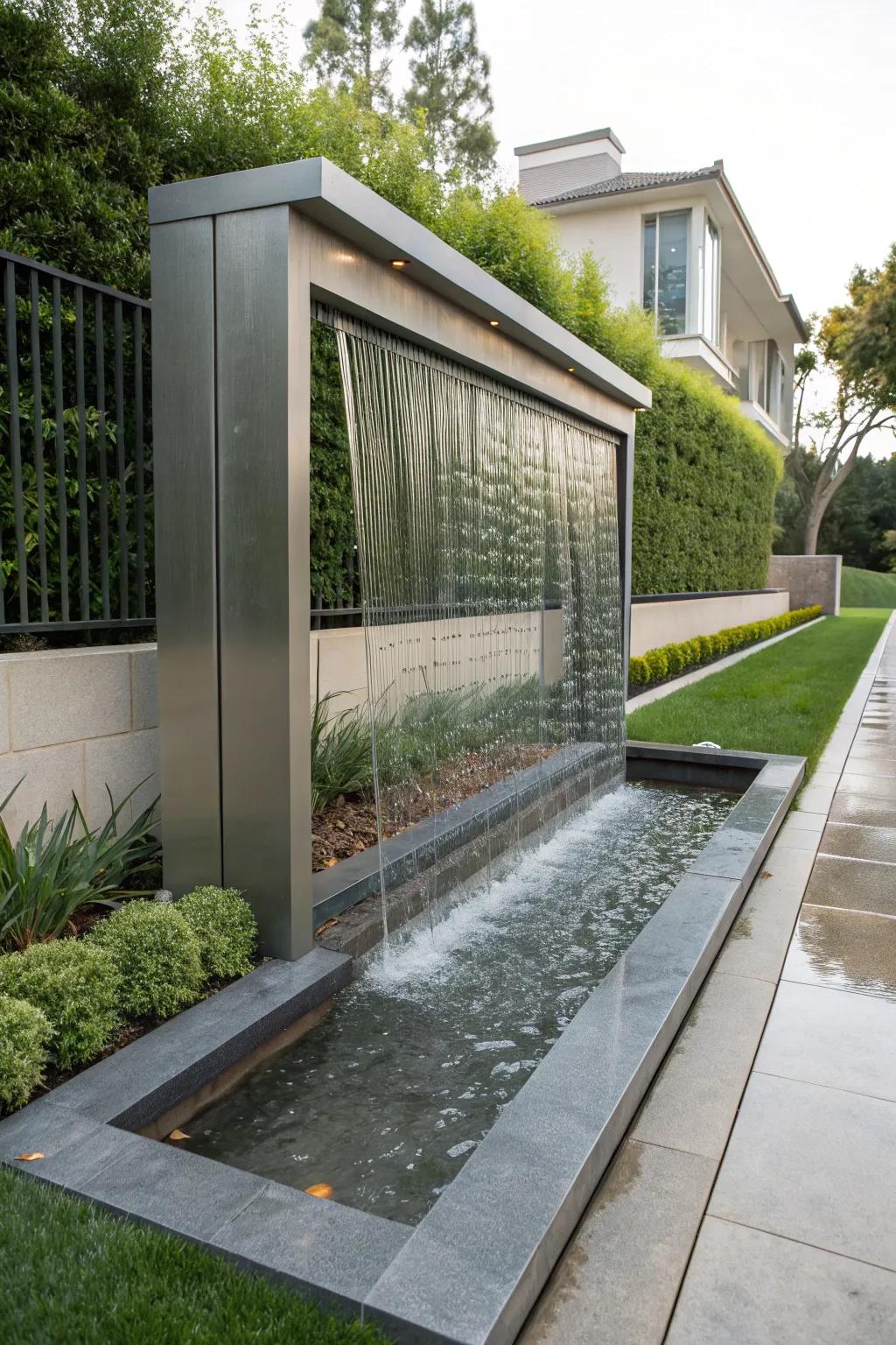 A minimalist water wall adds a touch of modern elegance to any front yard.