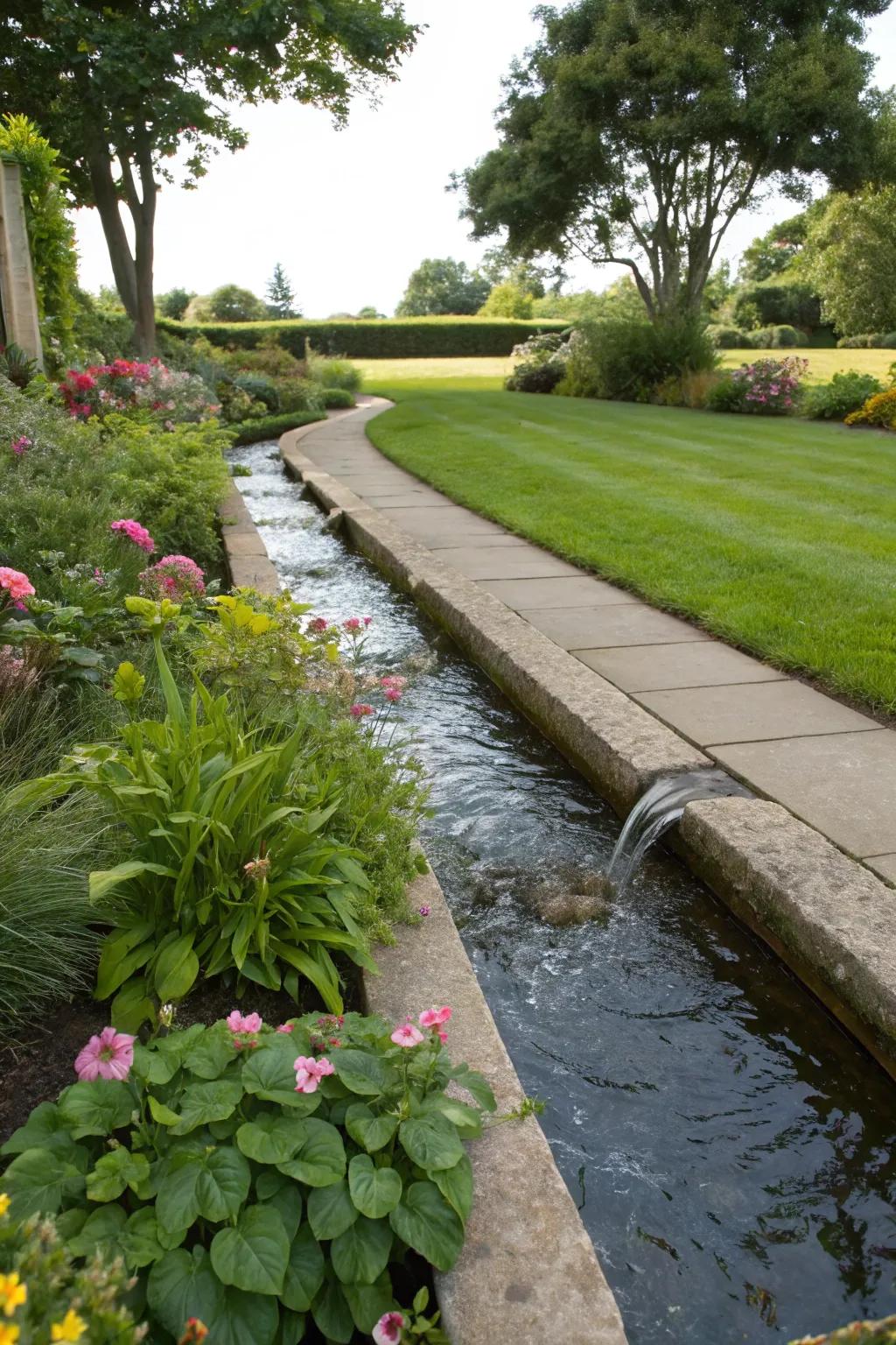 A rill water feature offers a unique, flowing element to your garden.