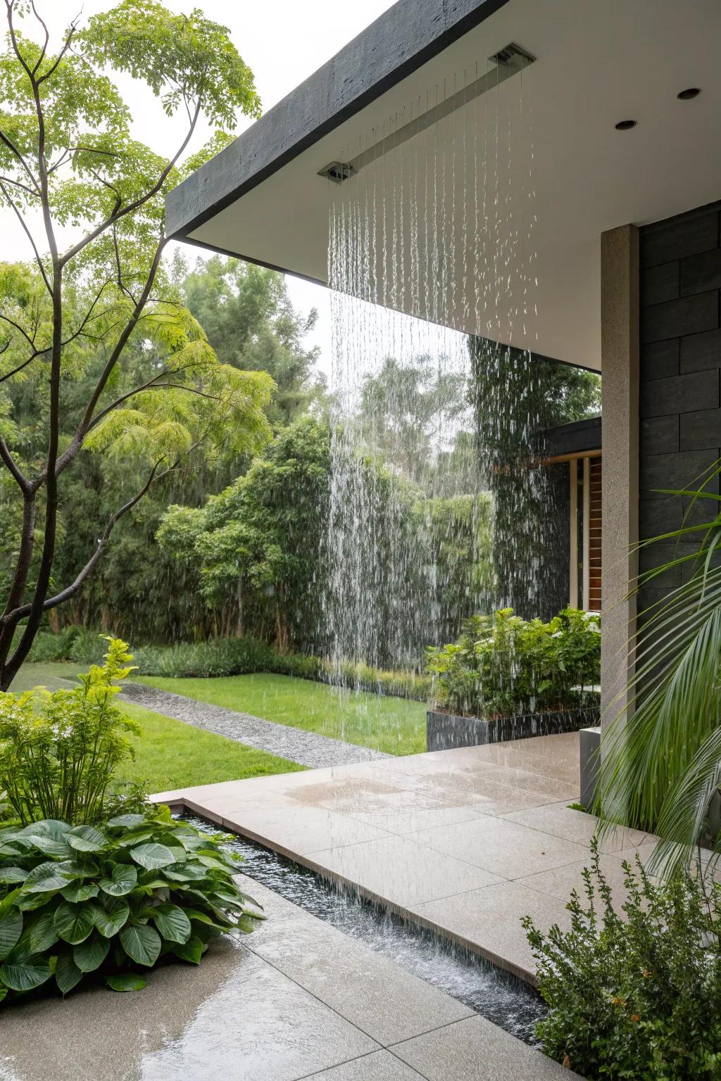 A rain curtain water feature adds a dramatic and soothing presence.