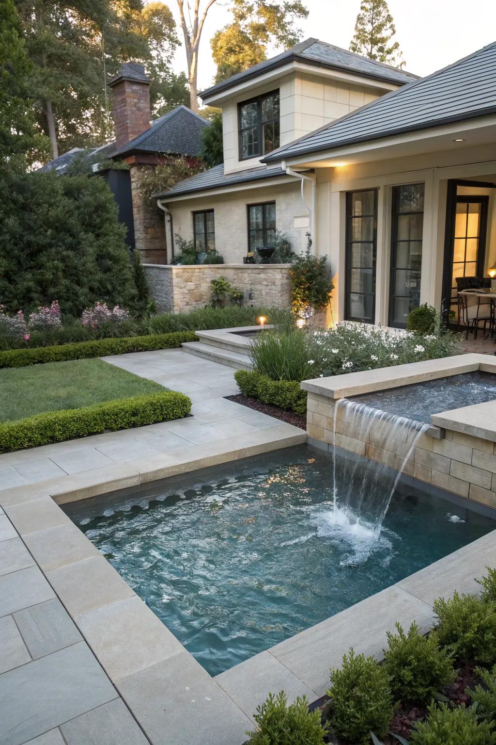 A plunge pool with a fountain offers luxury and relaxation.
