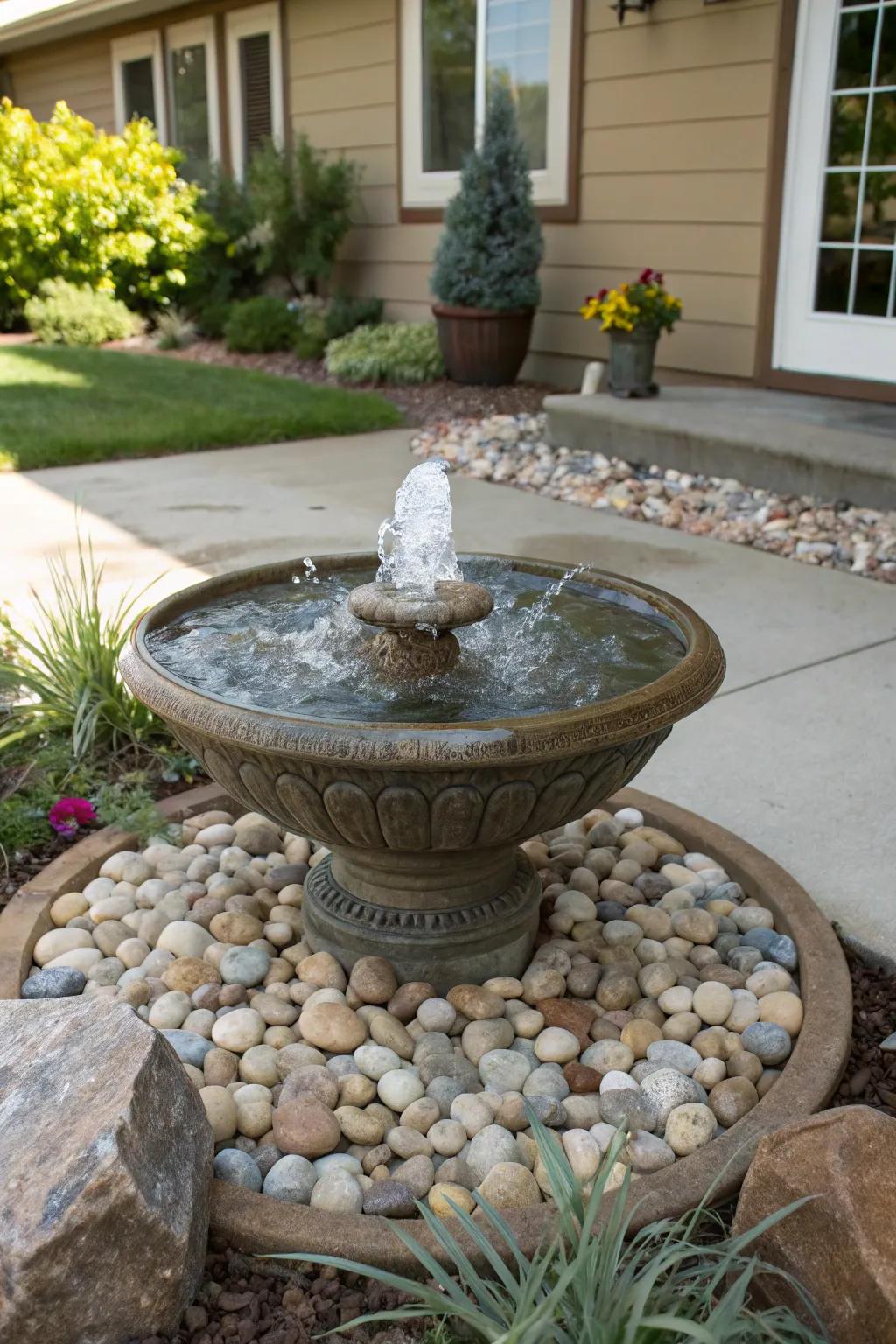 A decorative bowl fountain offers a serene and stylish focal point.