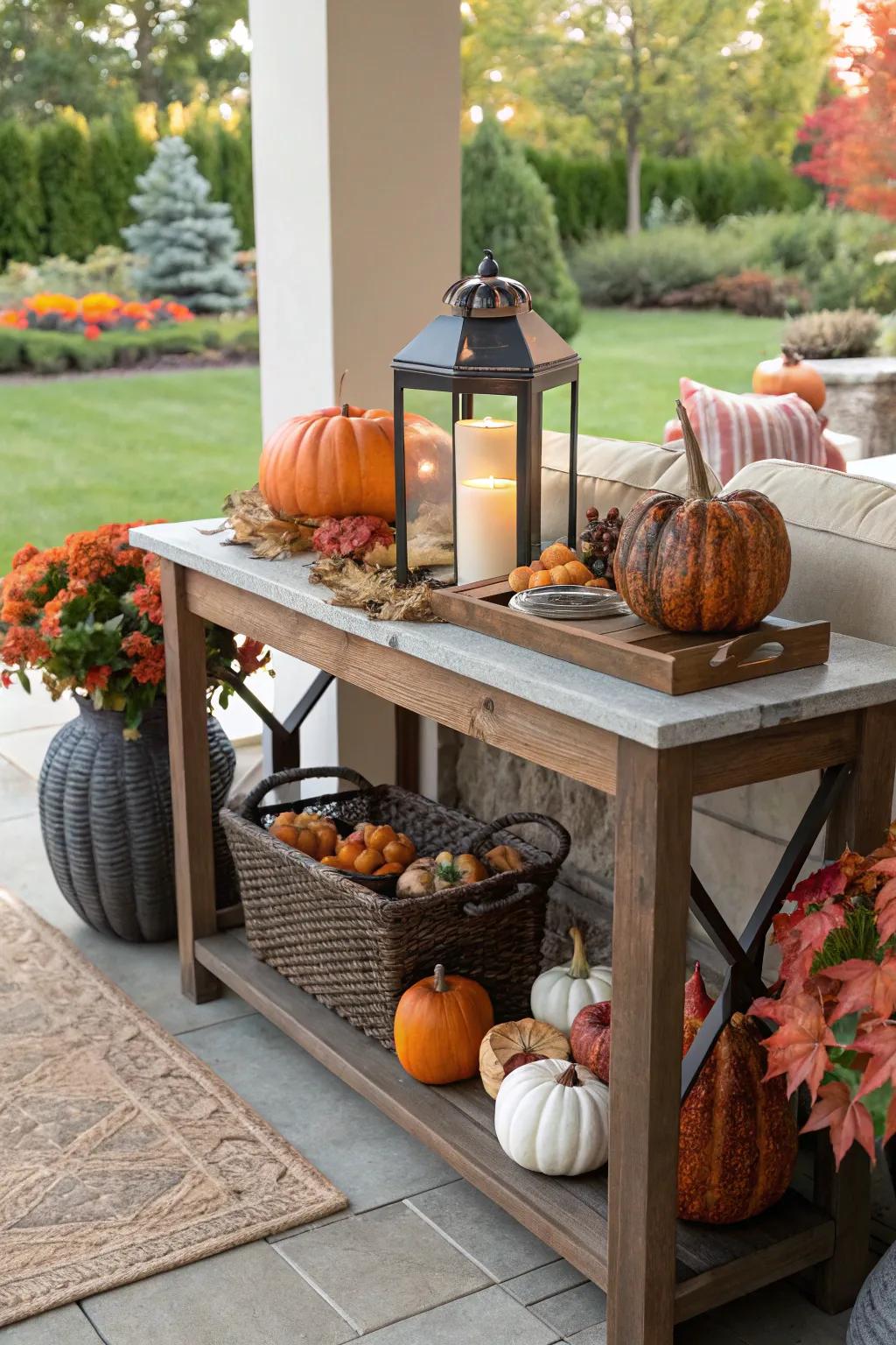 Seasonal decor keeps the outdoor console table dynamic and lively.