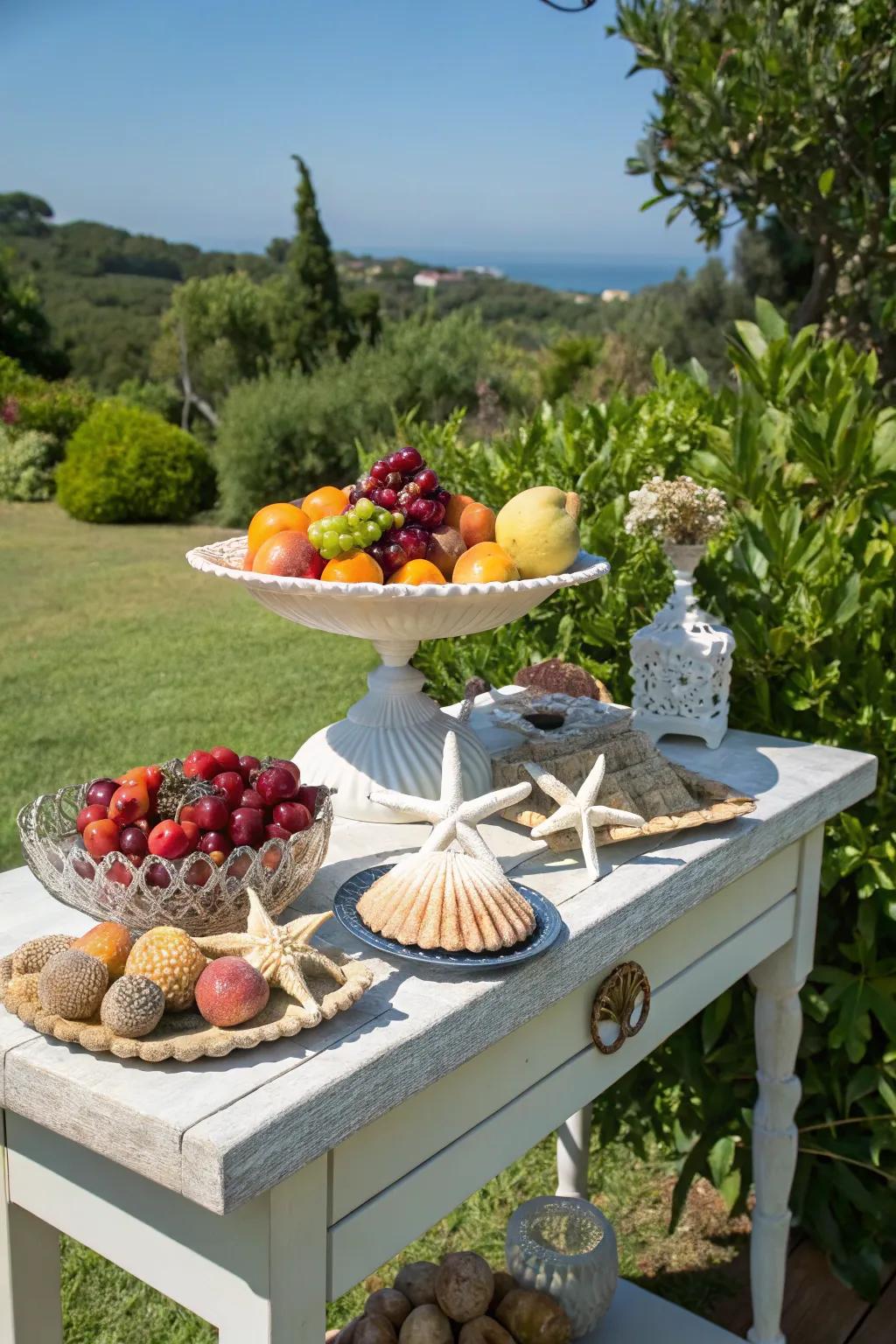 A vibrant seasonal display featuring fruits and seashells on an outdoor console table.