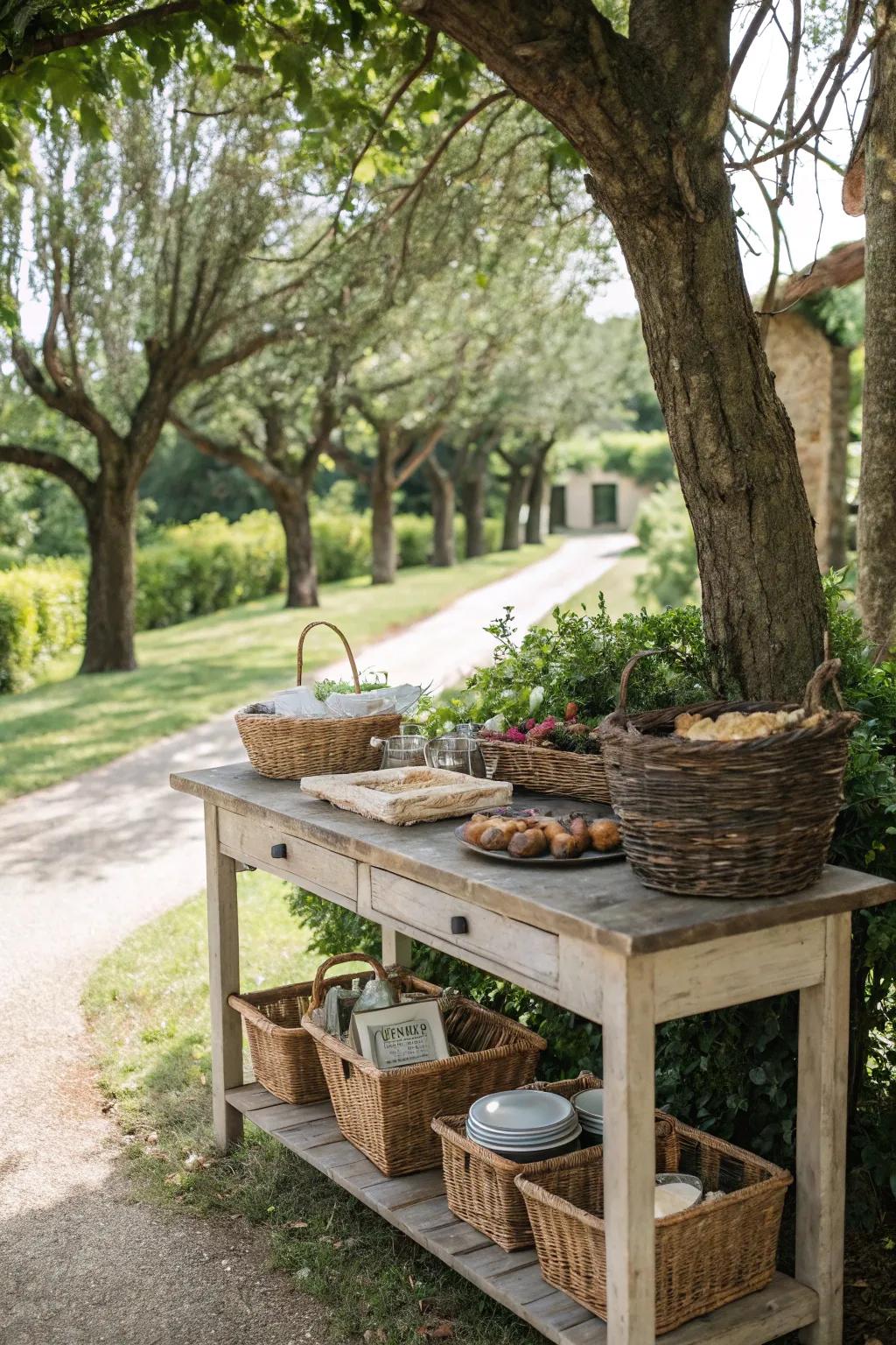 Functional yet beautiful, with baskets and trays for organized outdoor decor.