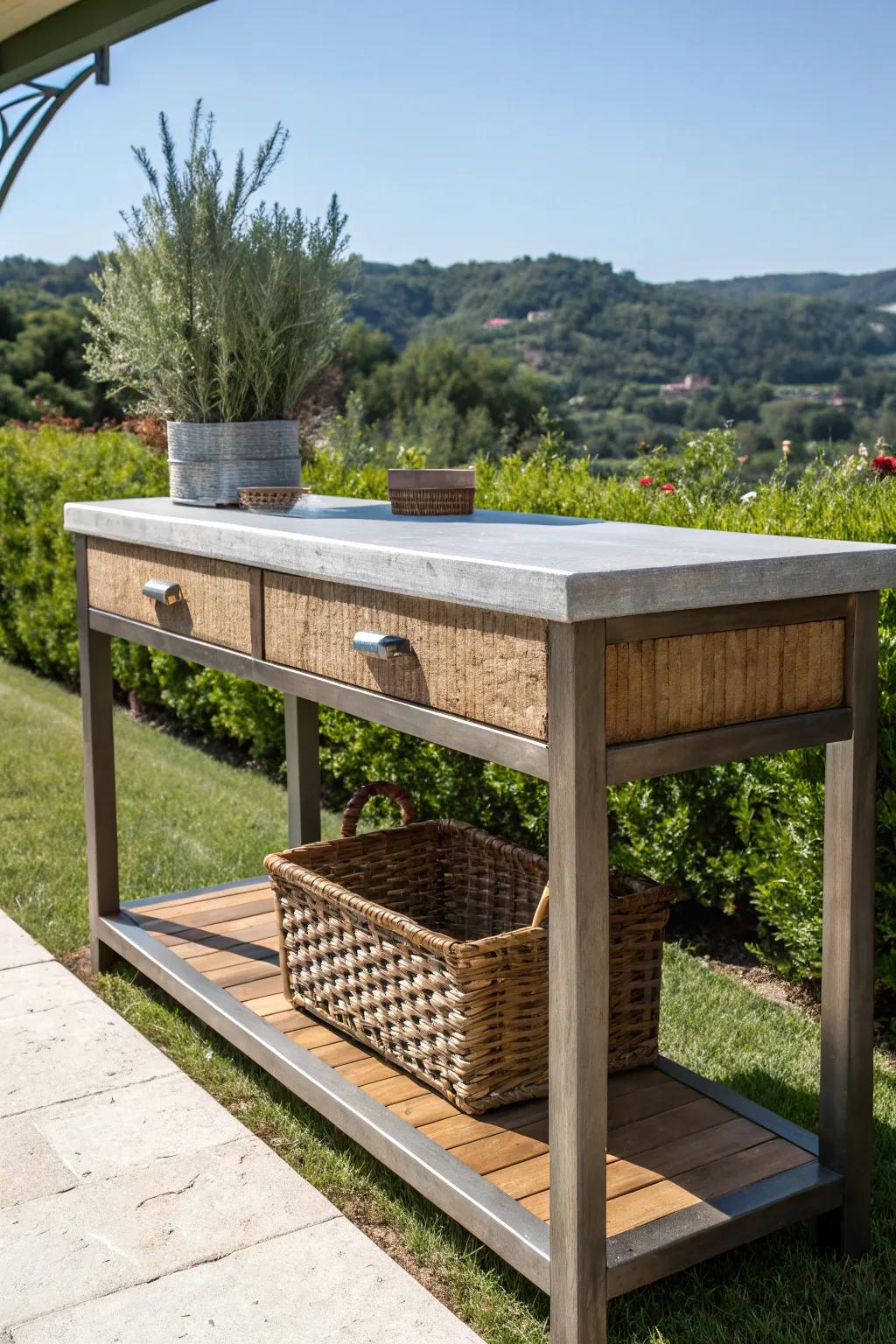 A visually appealing console table featuring a mix of textures like wood, metal, and wicker.