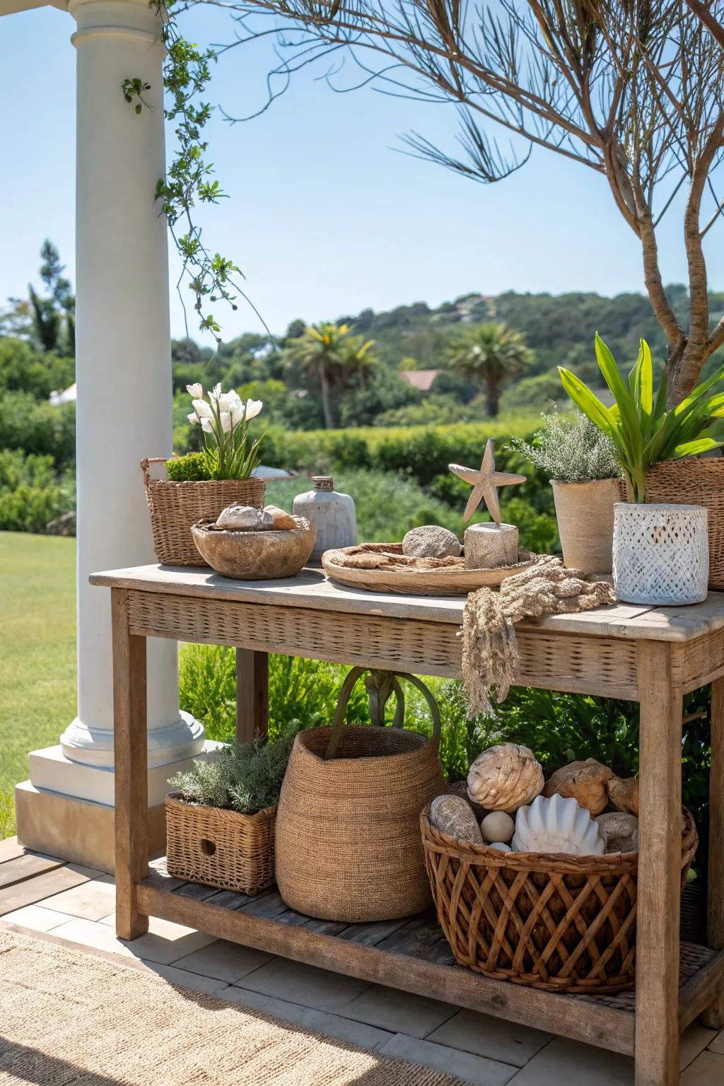 A soothing natural palette with earth tones on an outdoor console table.