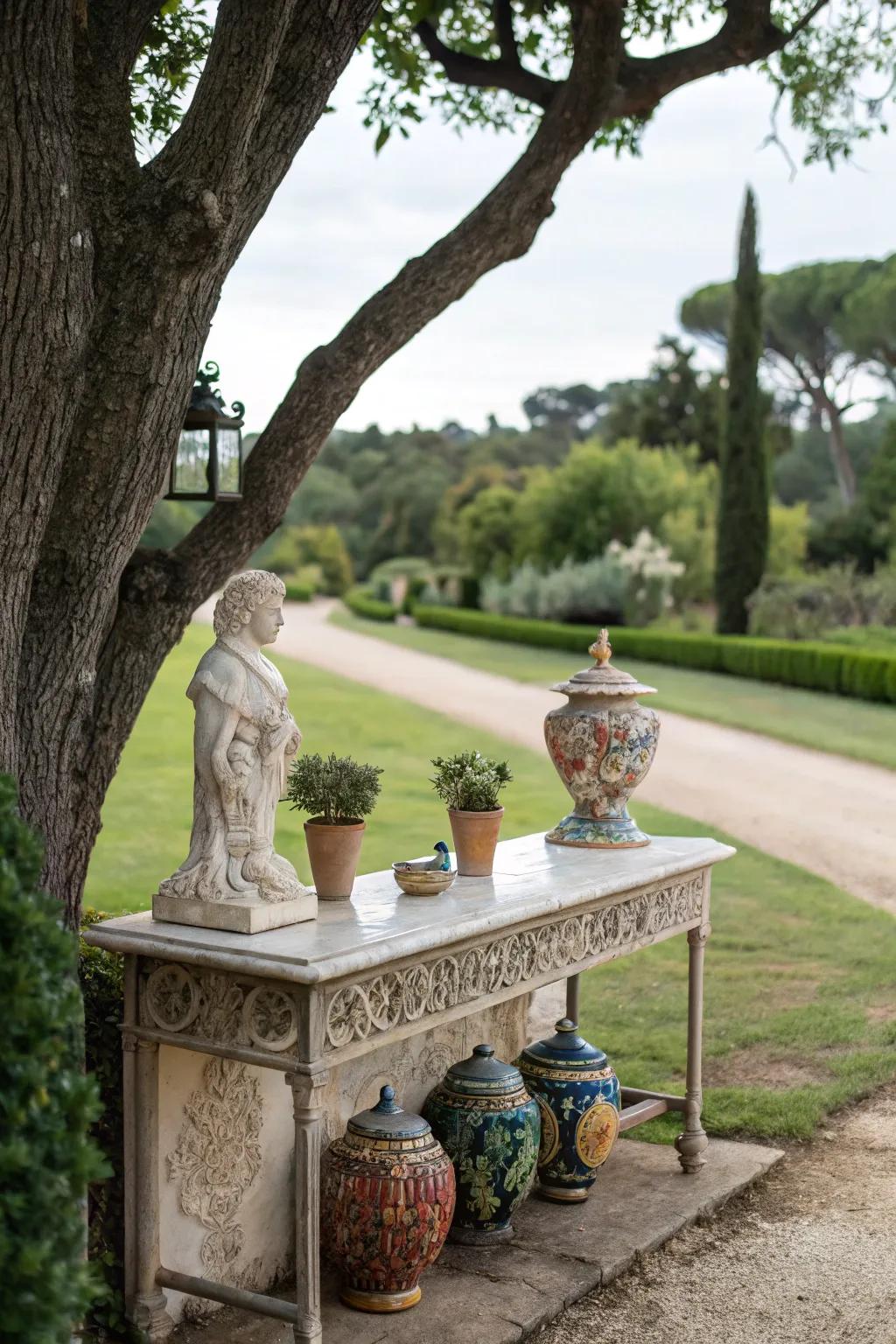 Artistic elements enhance the outdoor console table with sculptures and vases.