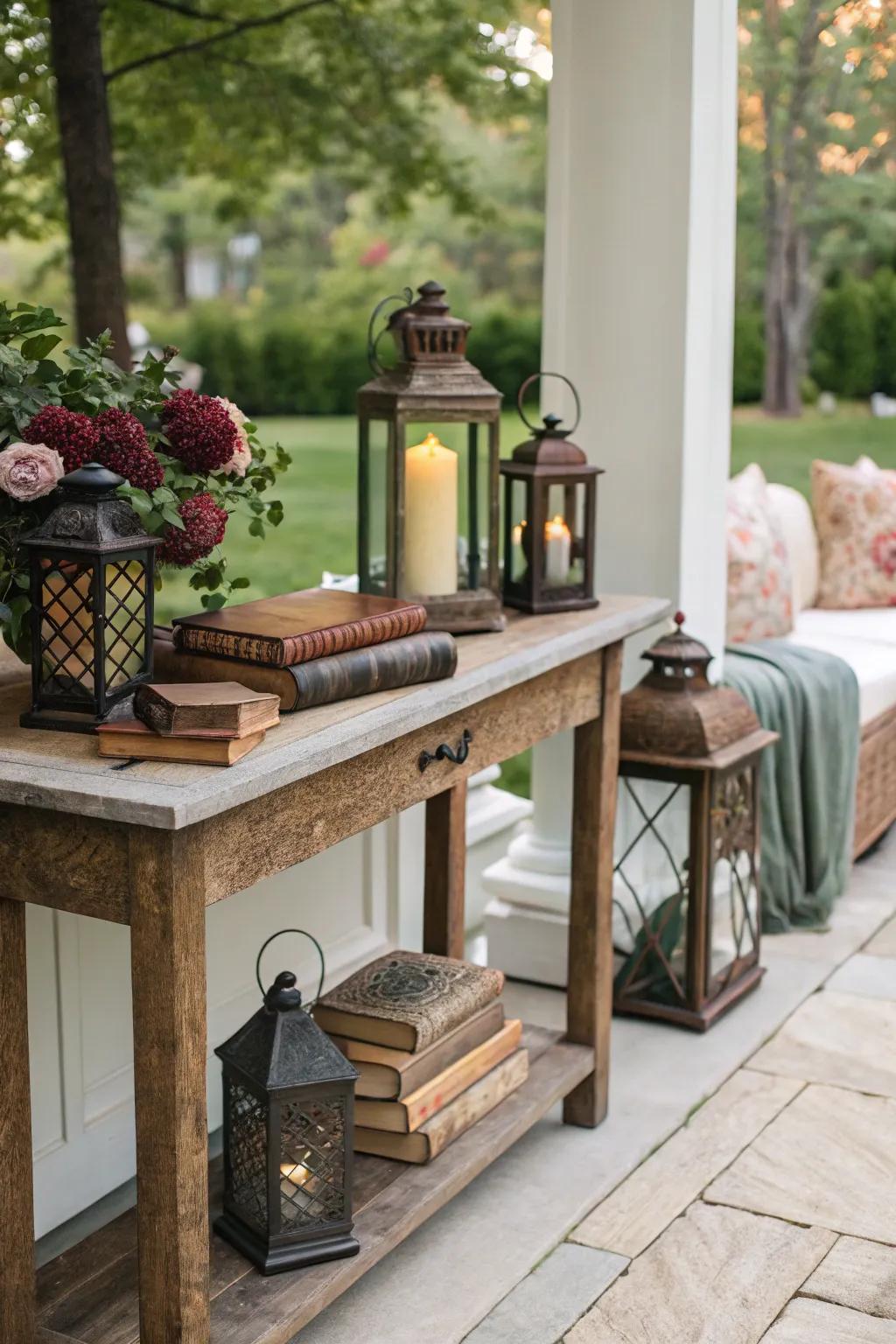 Vintage vibes with antique books and lanterns on the console table.
