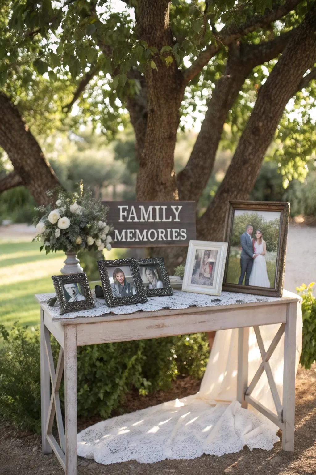 A personal touch with family photos and a quote sign on an outdoor console table.